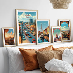 Accra Ghana City Avenue Travel Poster — set five framed artprints above bed natural wood frames