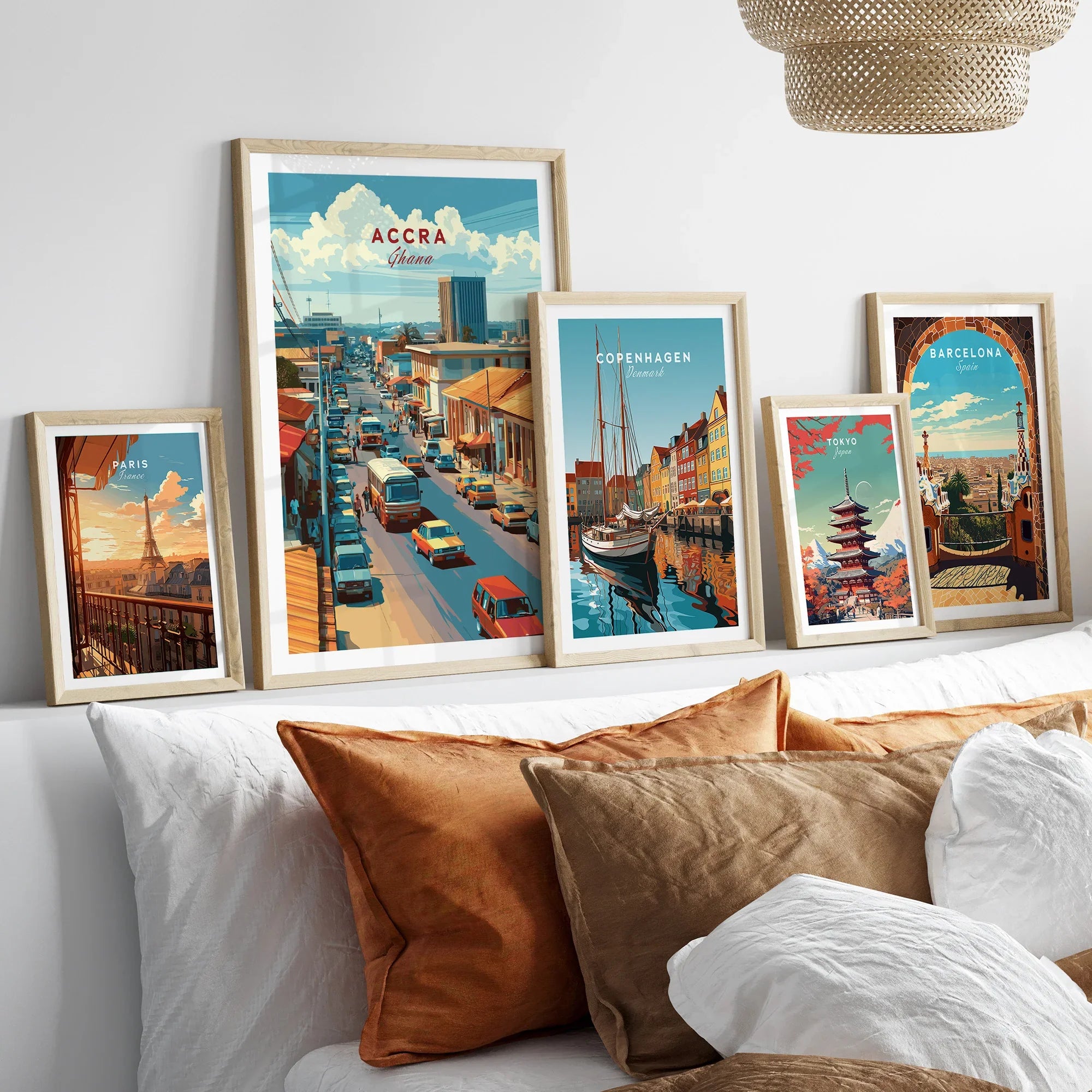 Accra Ghana City Avenue Travel Poster — set five framed artprints above bed natural wood frames