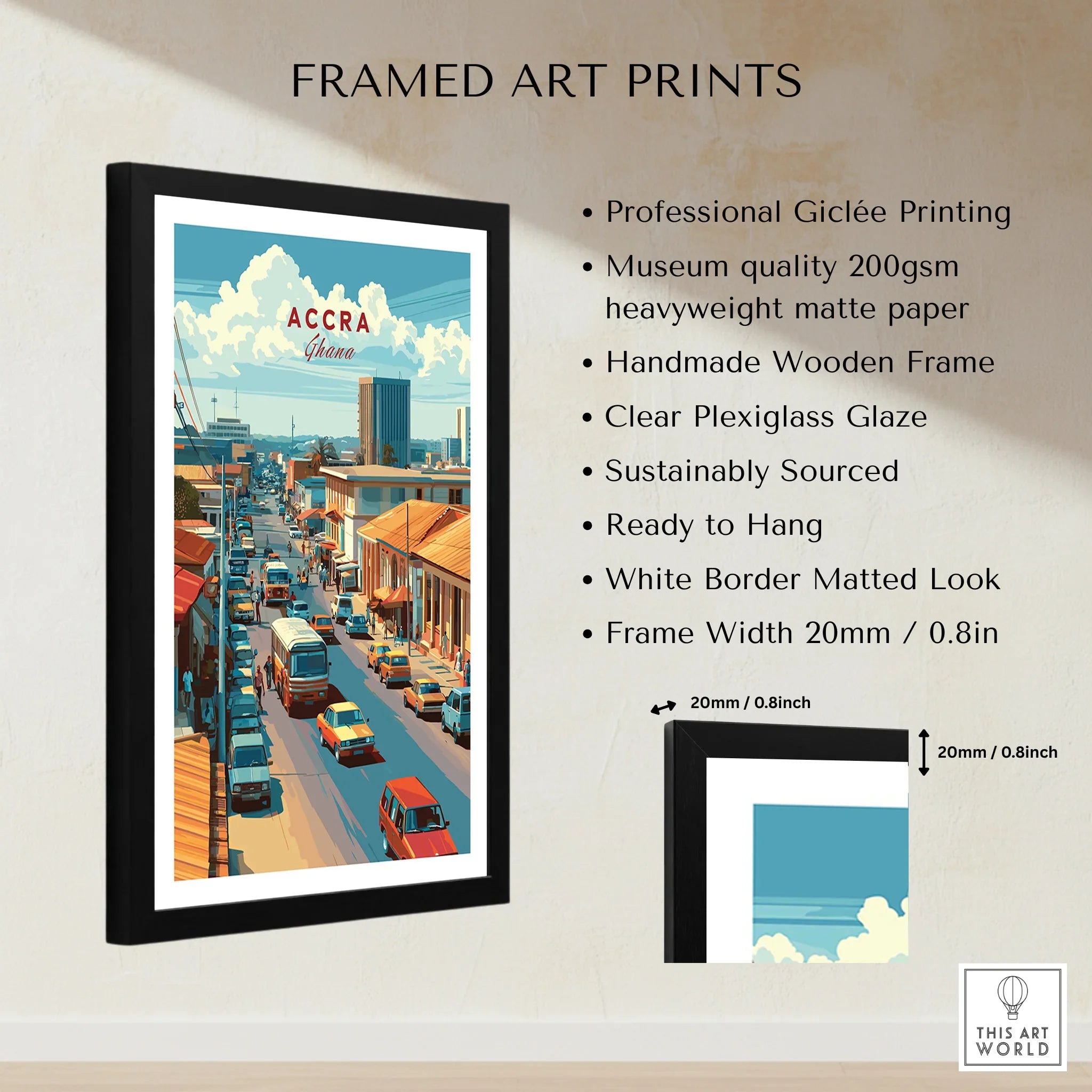 Accra Ghana City Avenue Travel Poster — framed print details measurements quality details