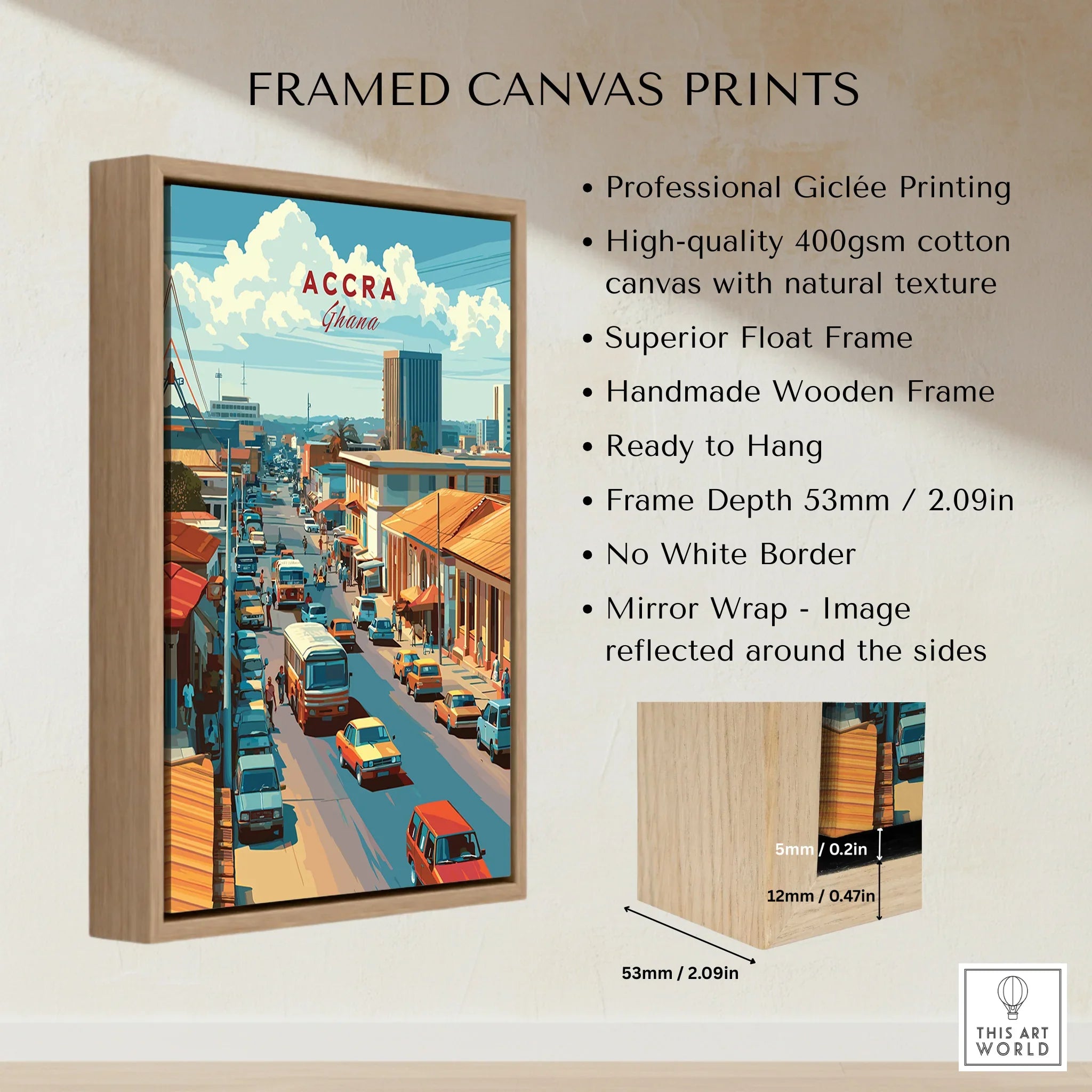 Accra Ghana City Avenue Travel Poster — framed canvas float frame details quality