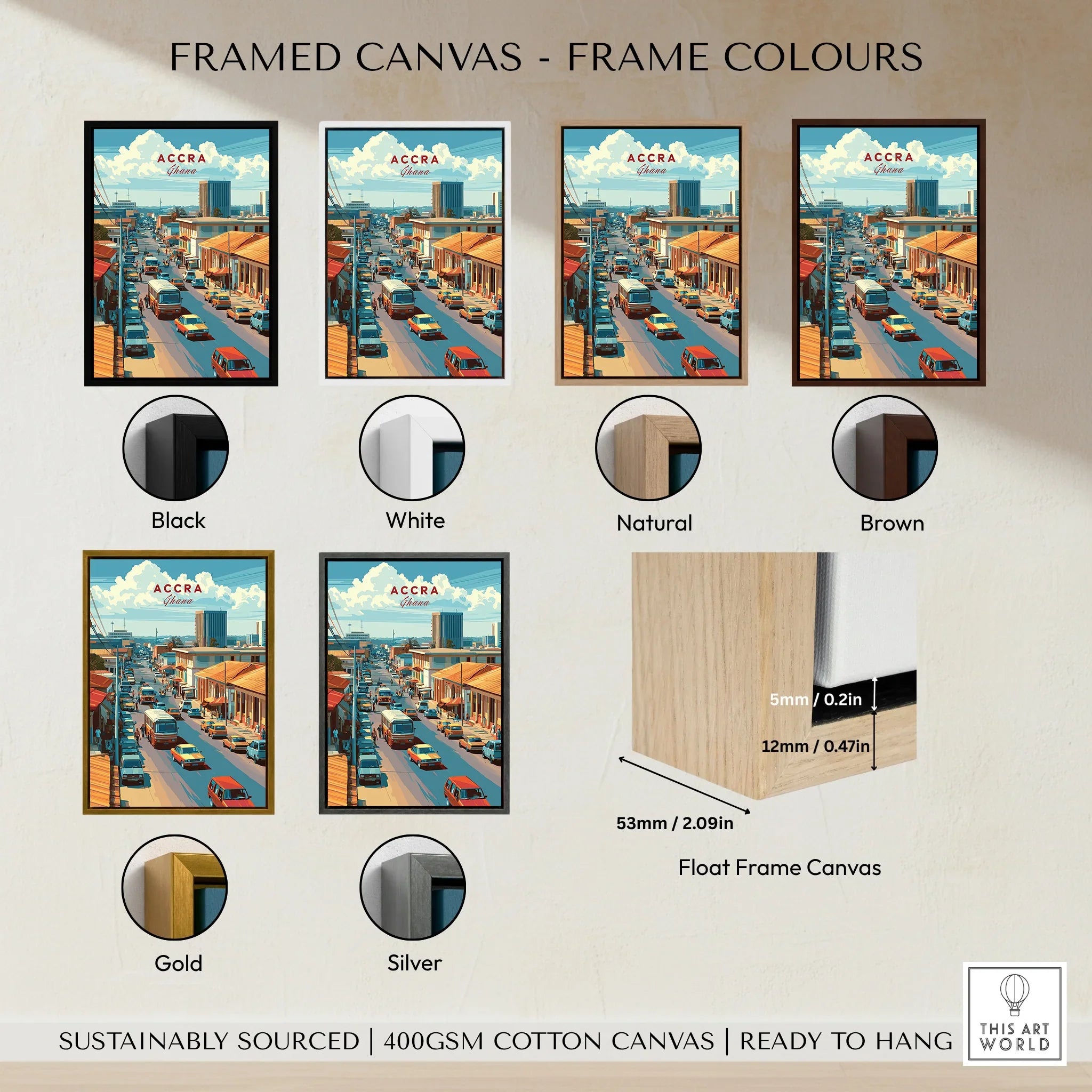 Accra Ghana City Avenue Travel Poster — framed canvas float frame colour options