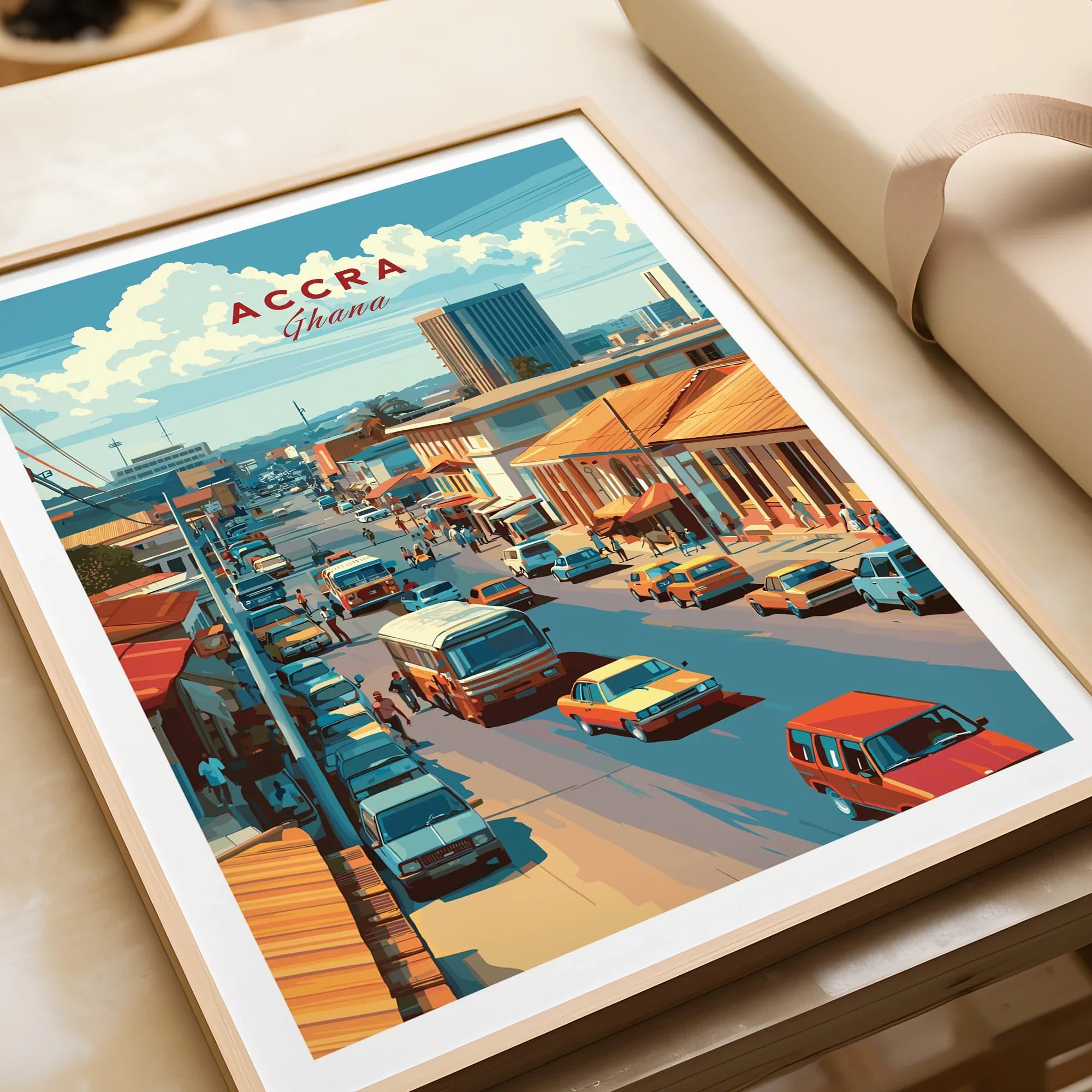 Accra Ghana City Avenue Travel Poster — framed art print closeup gift unwrapped natural frame