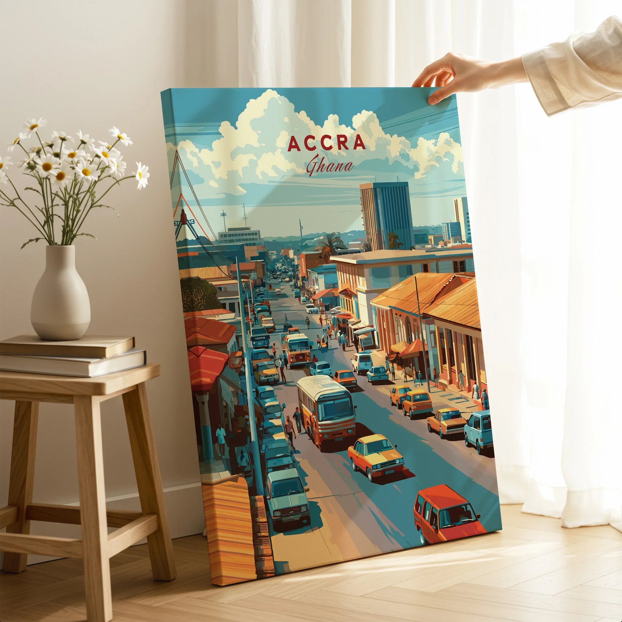 Accra Ghana City Avenue Travel Poster — canvas print mirror edge hand holding room setting