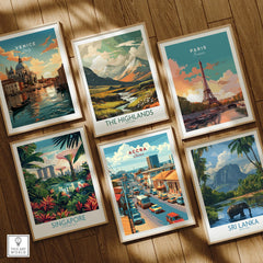 Accra Ghana City Avenue Travel Poster — set six framed art prints wooden floor natural wood frames