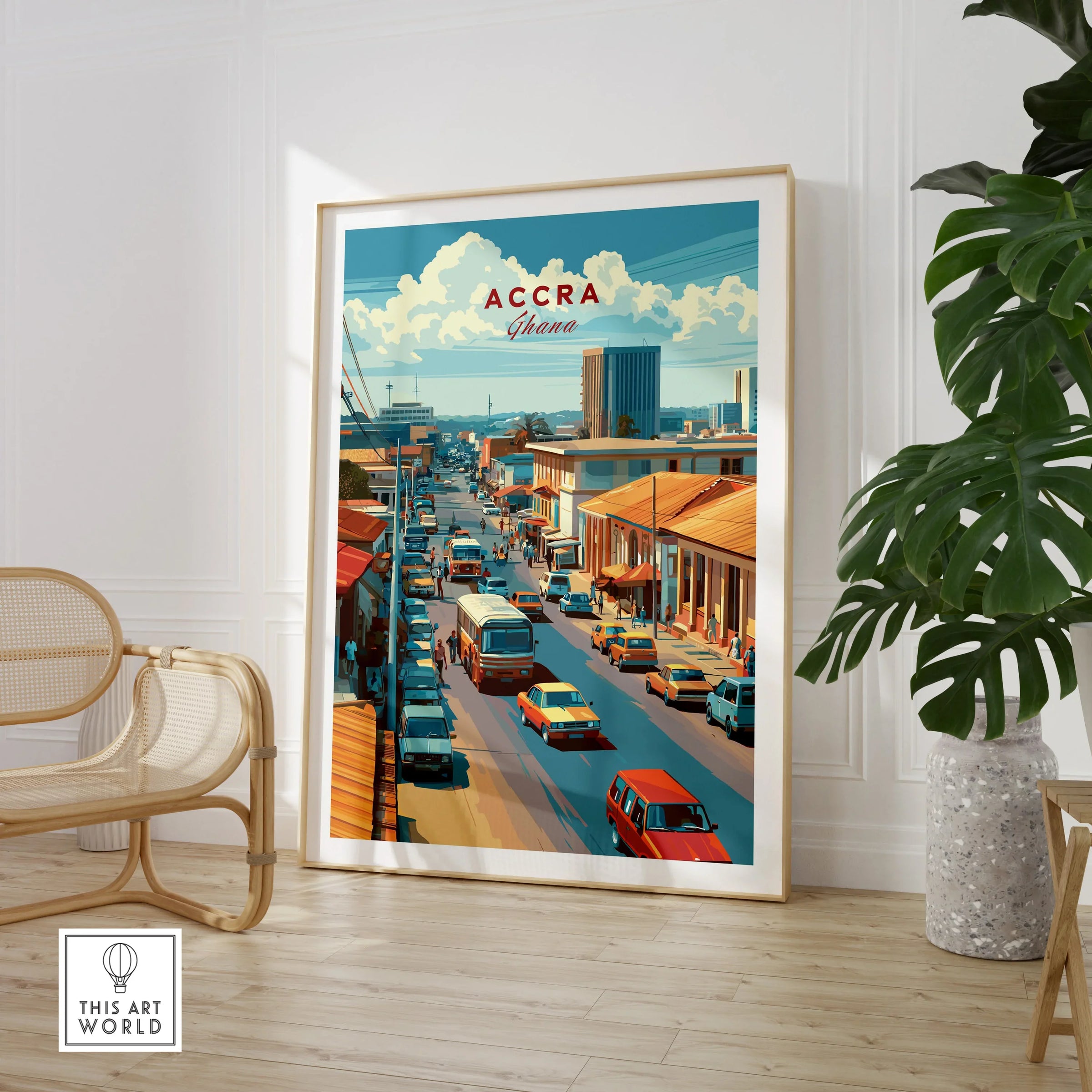 Accra Ghana City Avenue Travel Poster — large framed print room setting chair plant