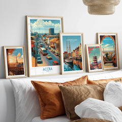 Accra Ghana Street Scene Wall Art — set five framed artprints above bed natural wood frames