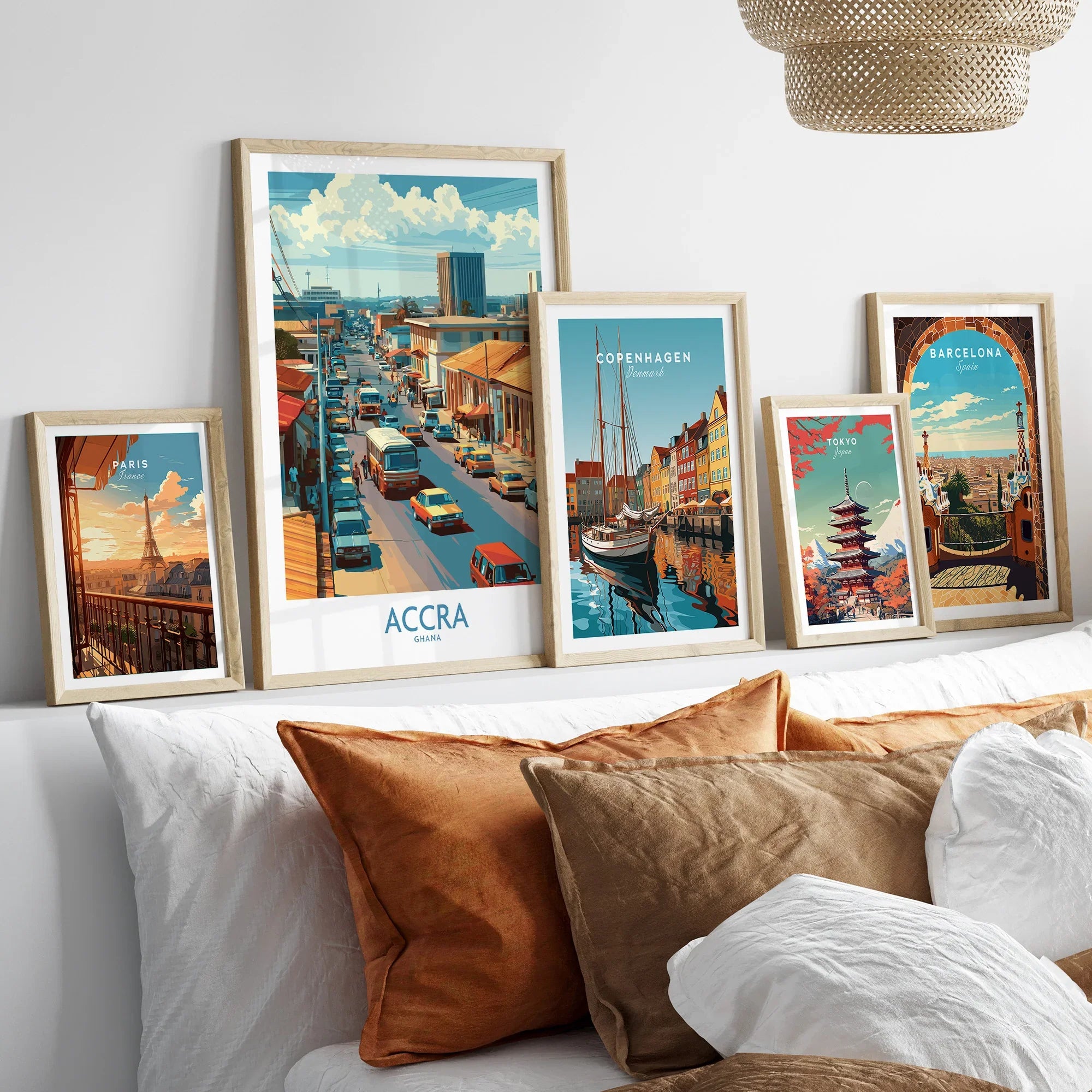 Accra Ghana Street Scene Wall Art — set five framed artprints above bed natural wood frames