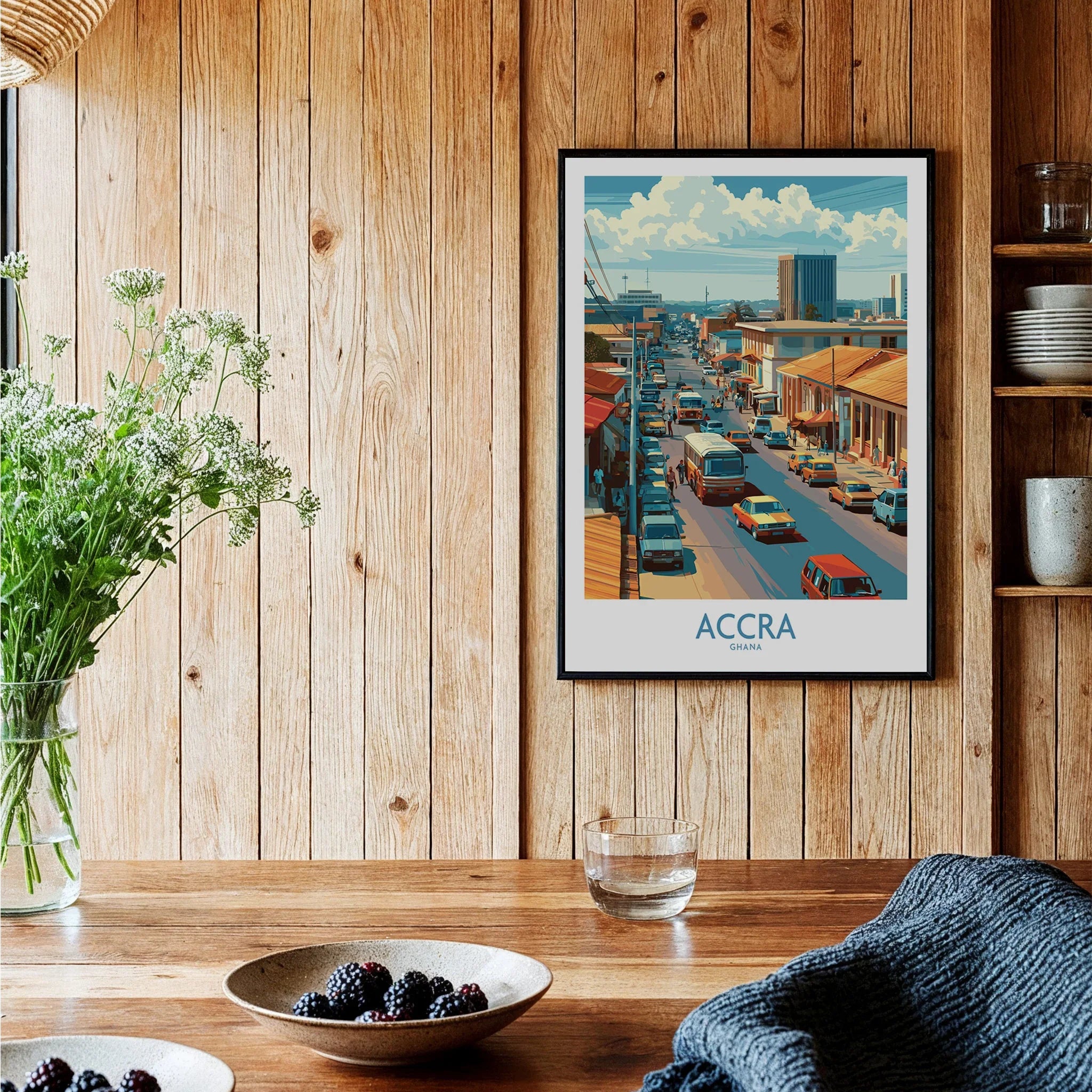 Accra Ghana Street Scene Wall Art — black framed art print kitchen setting