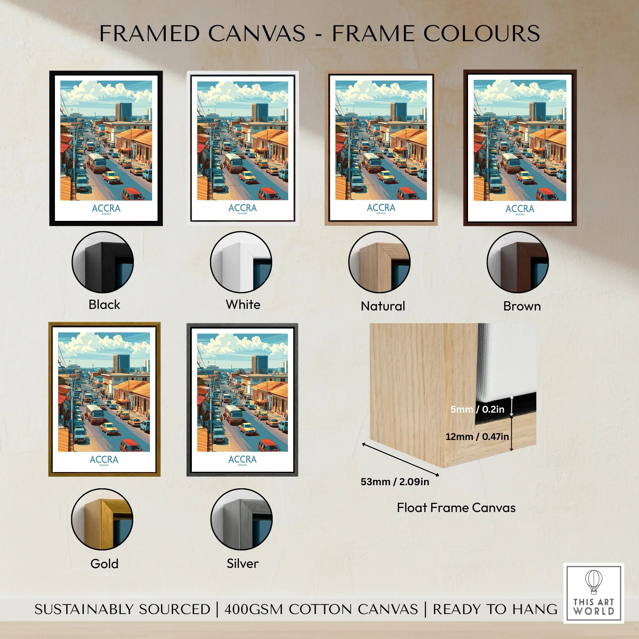 Accra Ghana Street Scene Wall Art — framed canvas float frame colour options