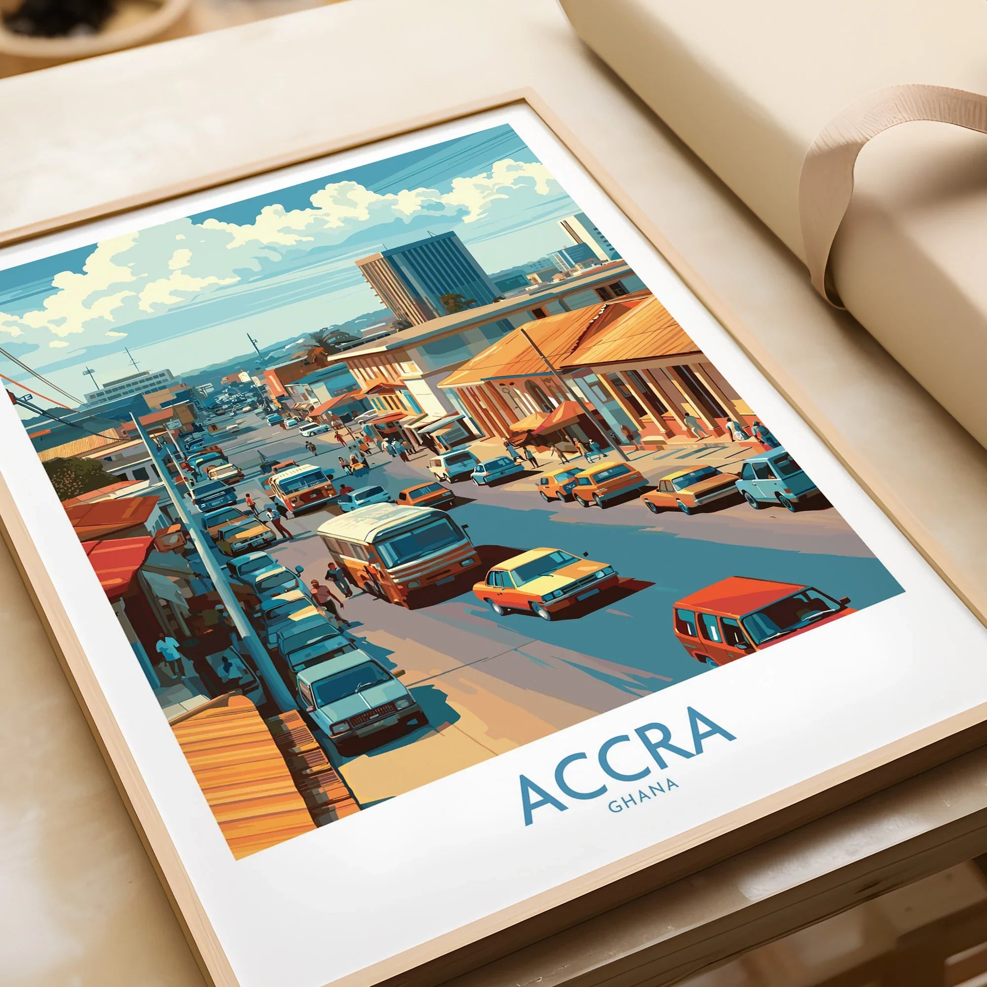 Accra Ghana Street Scene Wall Art — framed art print closeup gift unwrapped natural frame