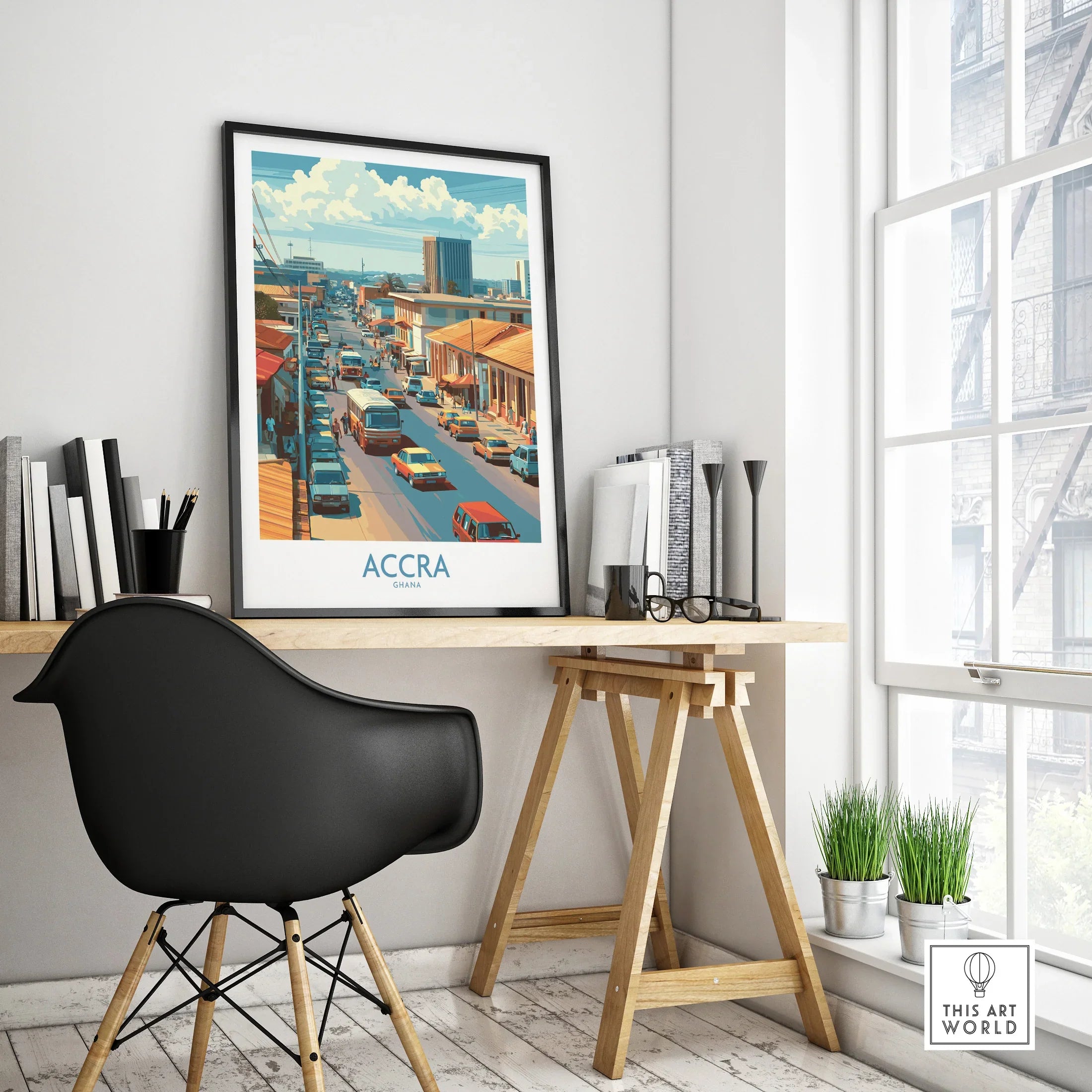 Accra Ghana Street Scene Wall Art — framed poster black frame on office desk modern