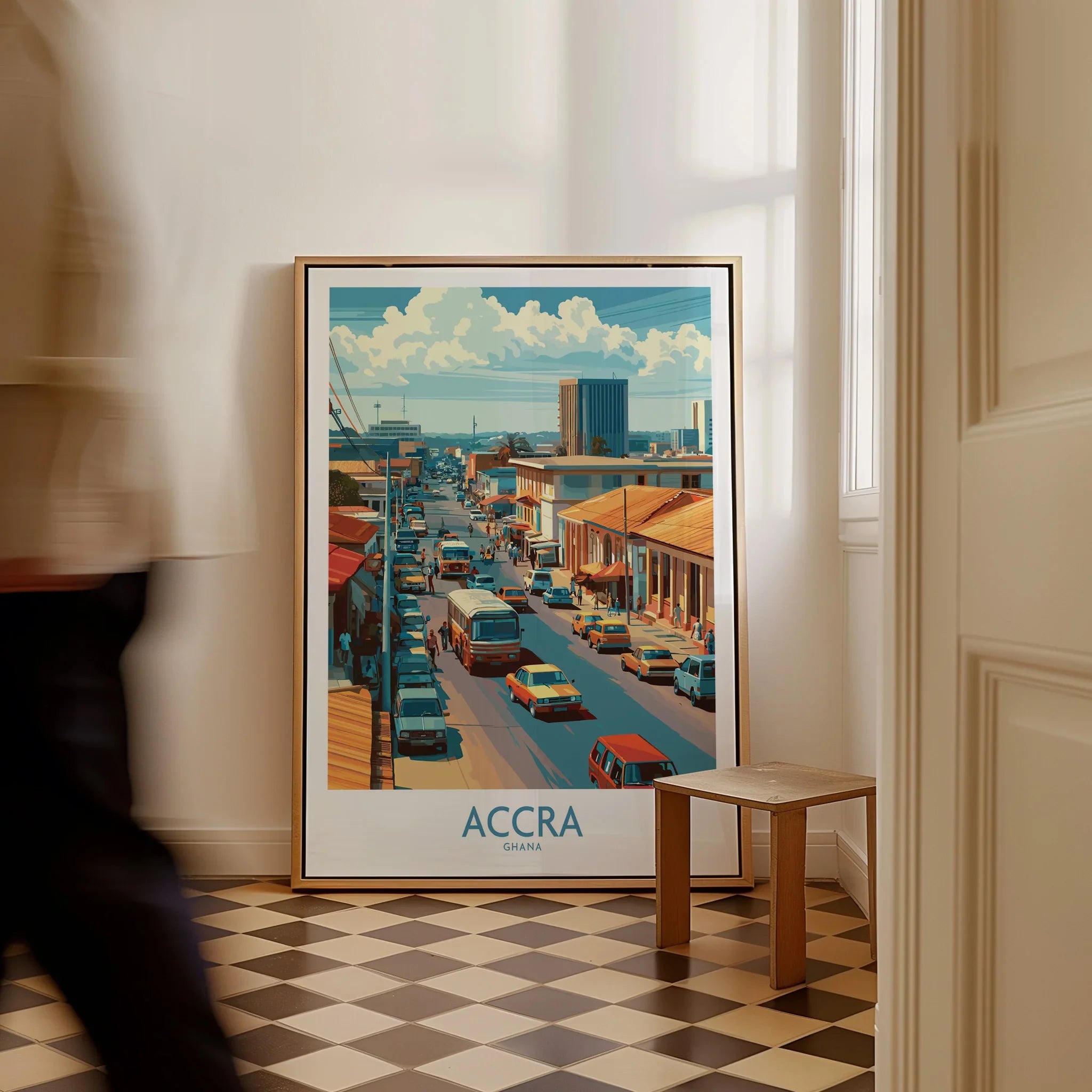 Accra Ghana Street Scene Wall Art — framed canvas on floor man walking past