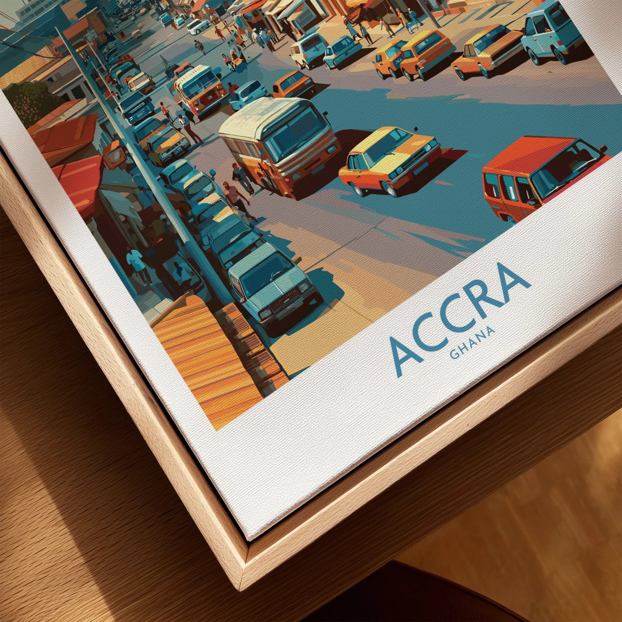 Accra Ghana Street Scene Wall Art — closeup framed canvas natural wood floating frame
