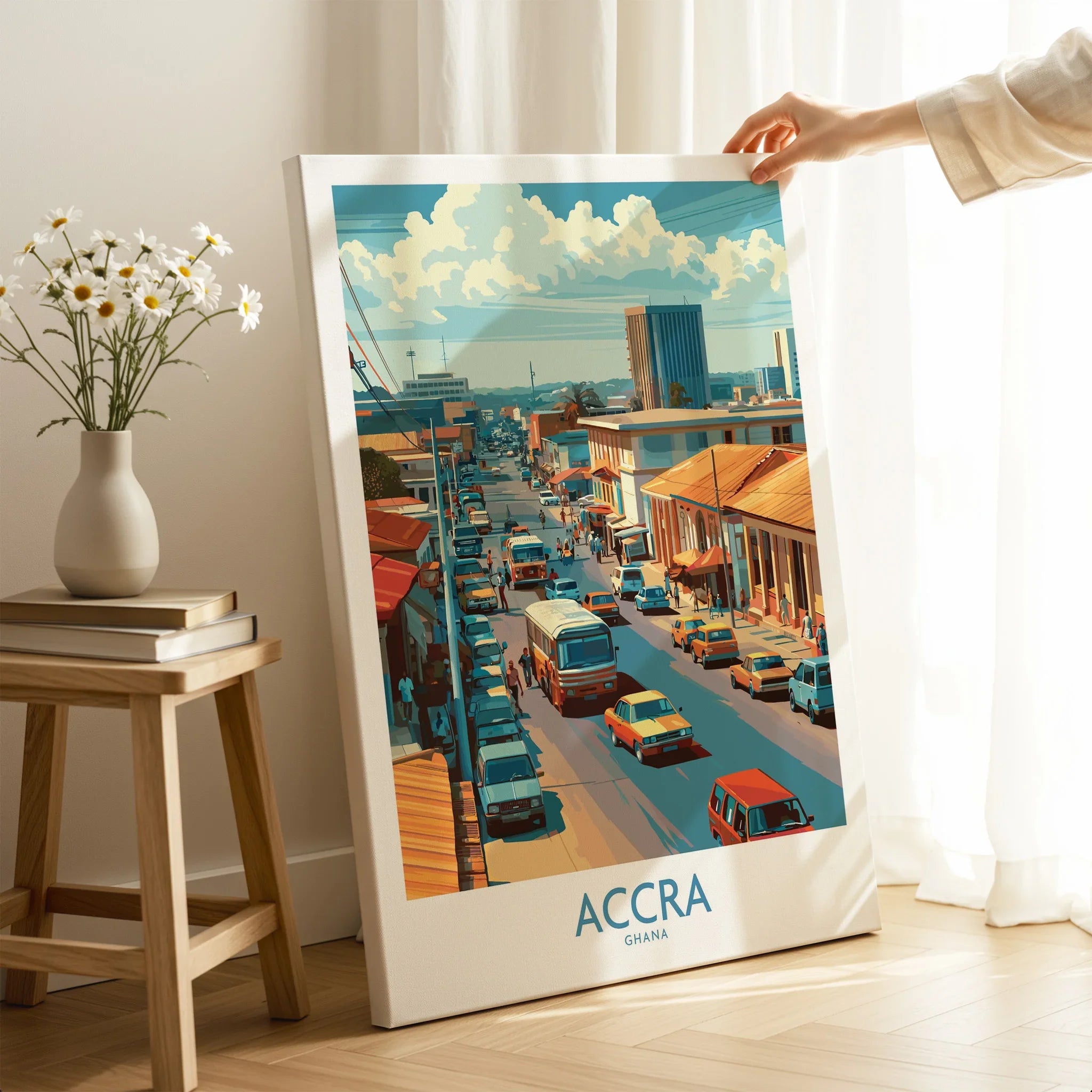 Accra Ghana Street Scene Wall Art — canvas print mirror edge hand holding room setting