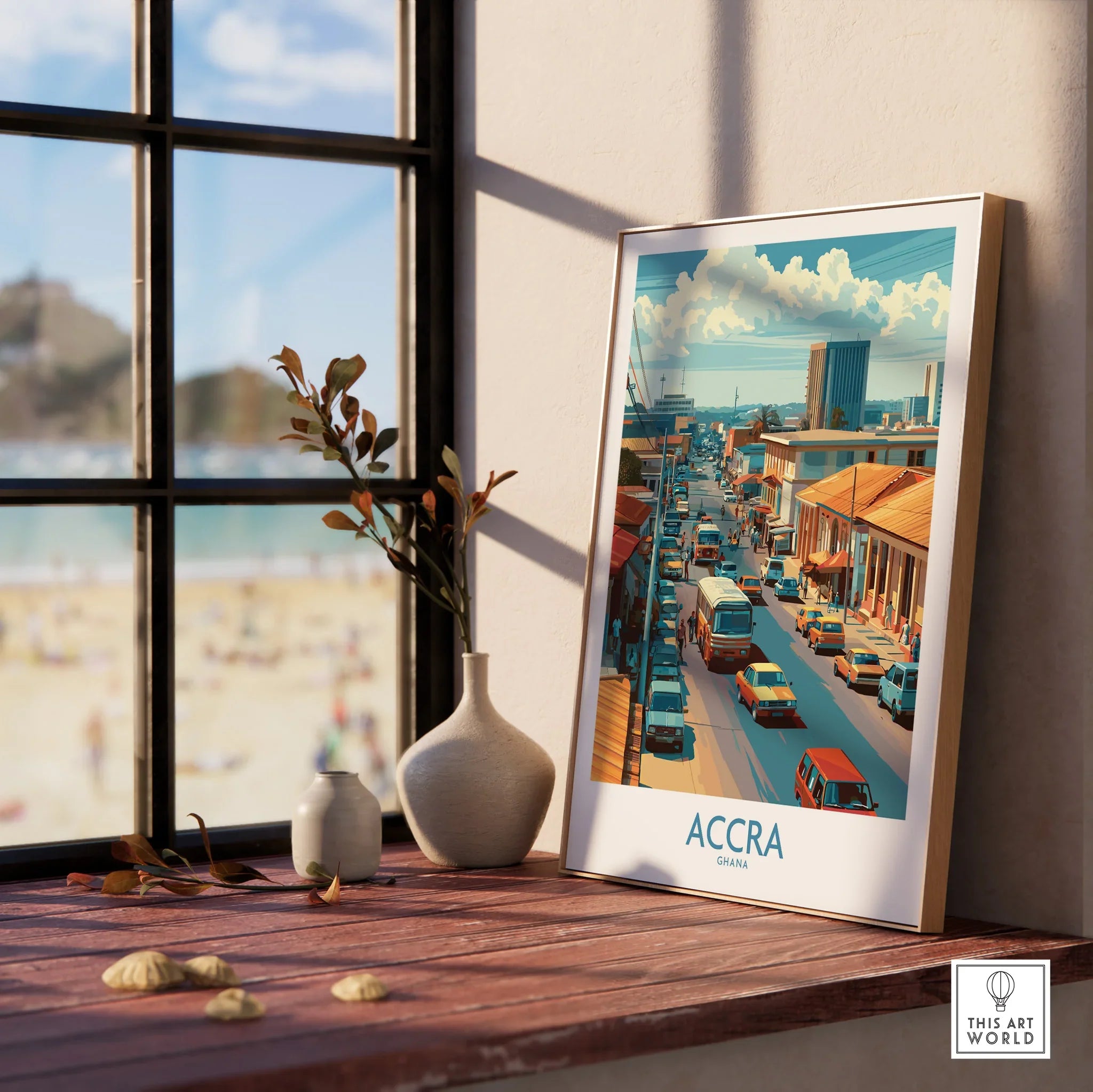 Accra Ghana Street Scene Wall Art — framed print window view natural wood frame
