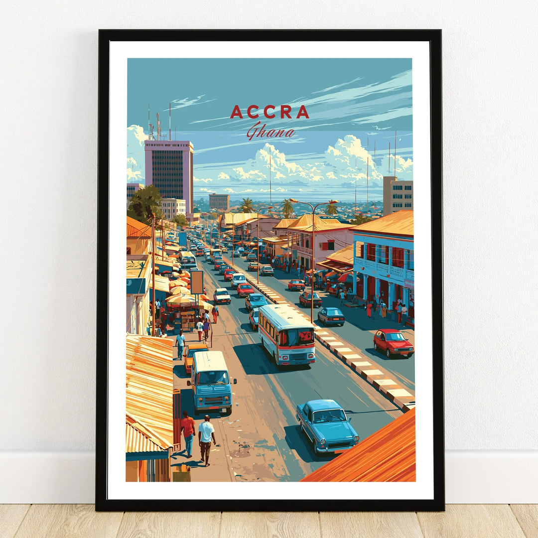Accra Ghana Downtown Travel Poster — art print in black frame on wooden floor