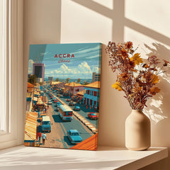 Accra Ghana Downtown Travel Poster — canvas print window setting with shadows flowers