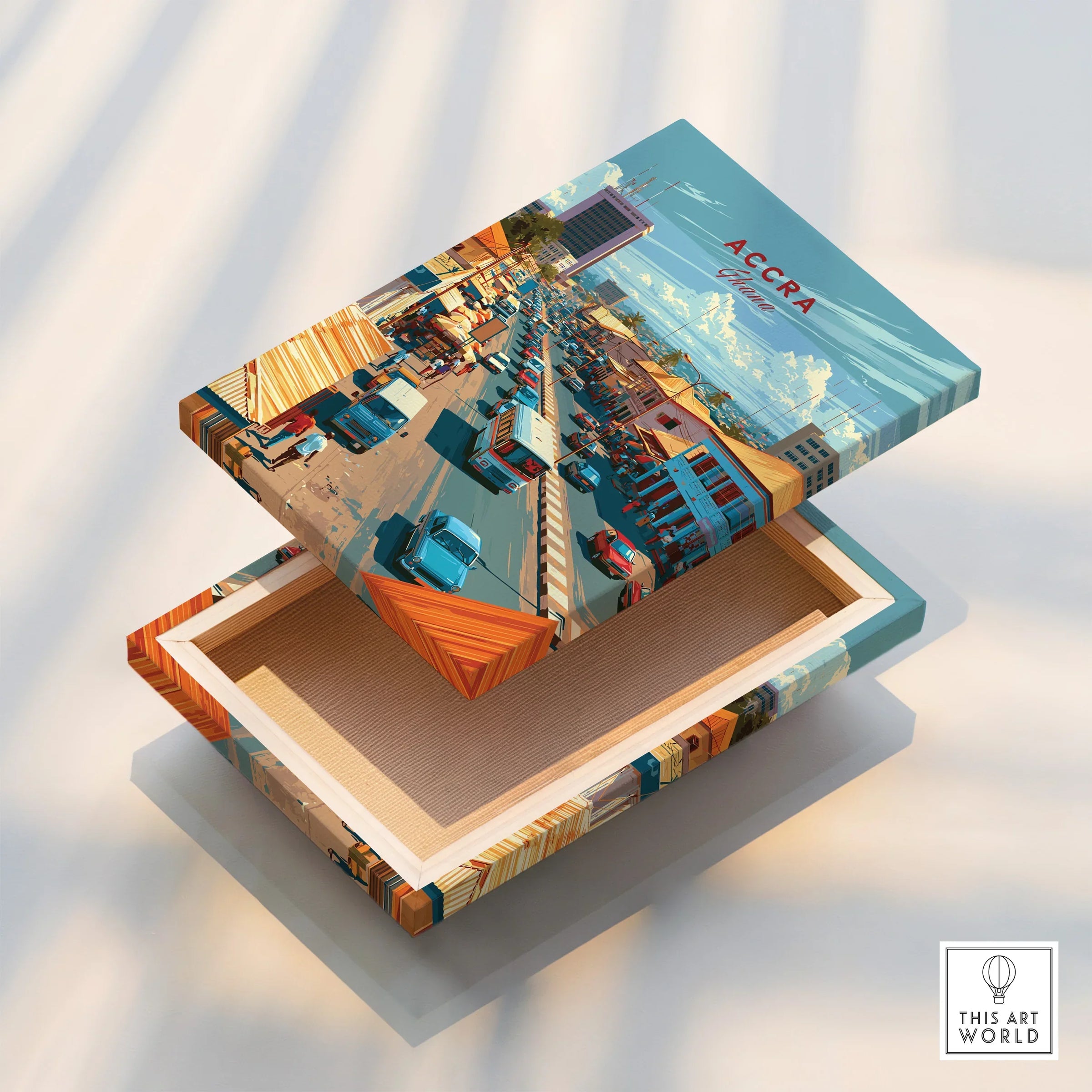 Accra Ghana Downtown Travel Poster — stretched canvas print floating detail mirror edge