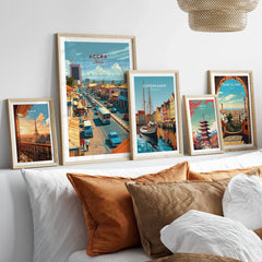 Accra Ghana Downtown Travel Poster — set five framed artprints above bed natural wood frames