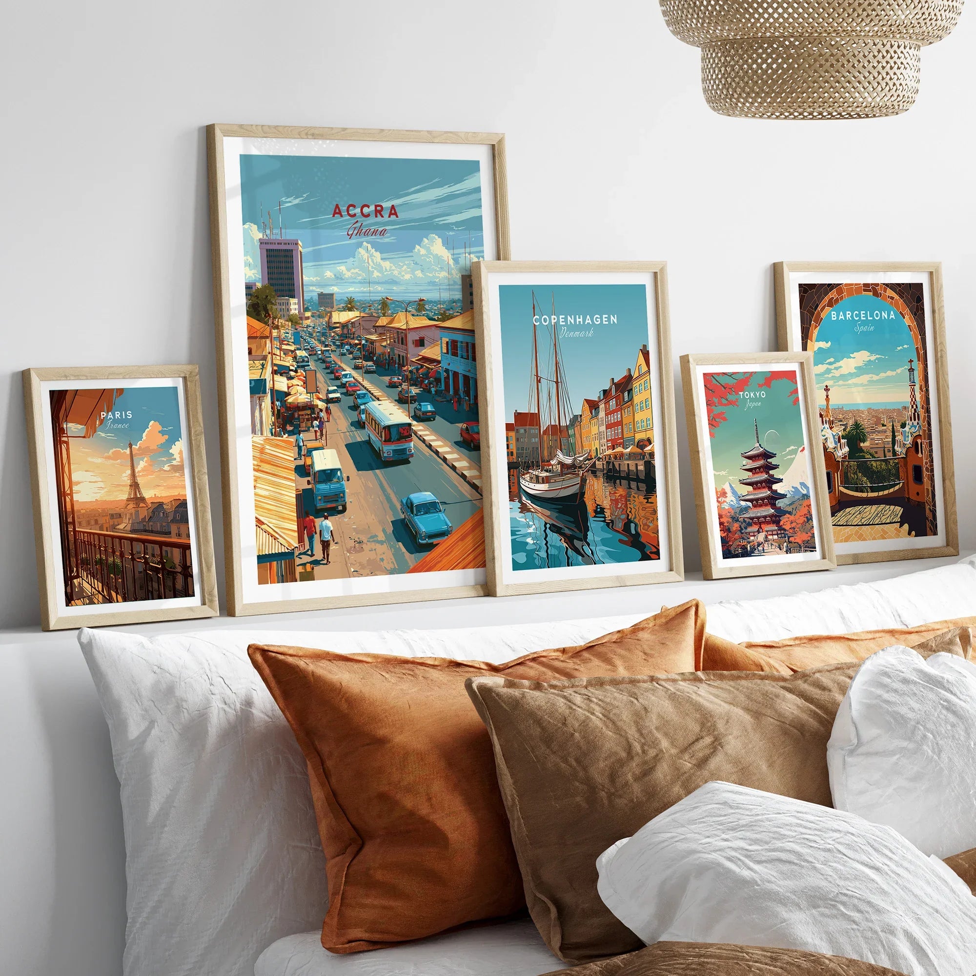 Accra Ghana Downtown Travel Poster — set five framed artprints above bed natural wood frames