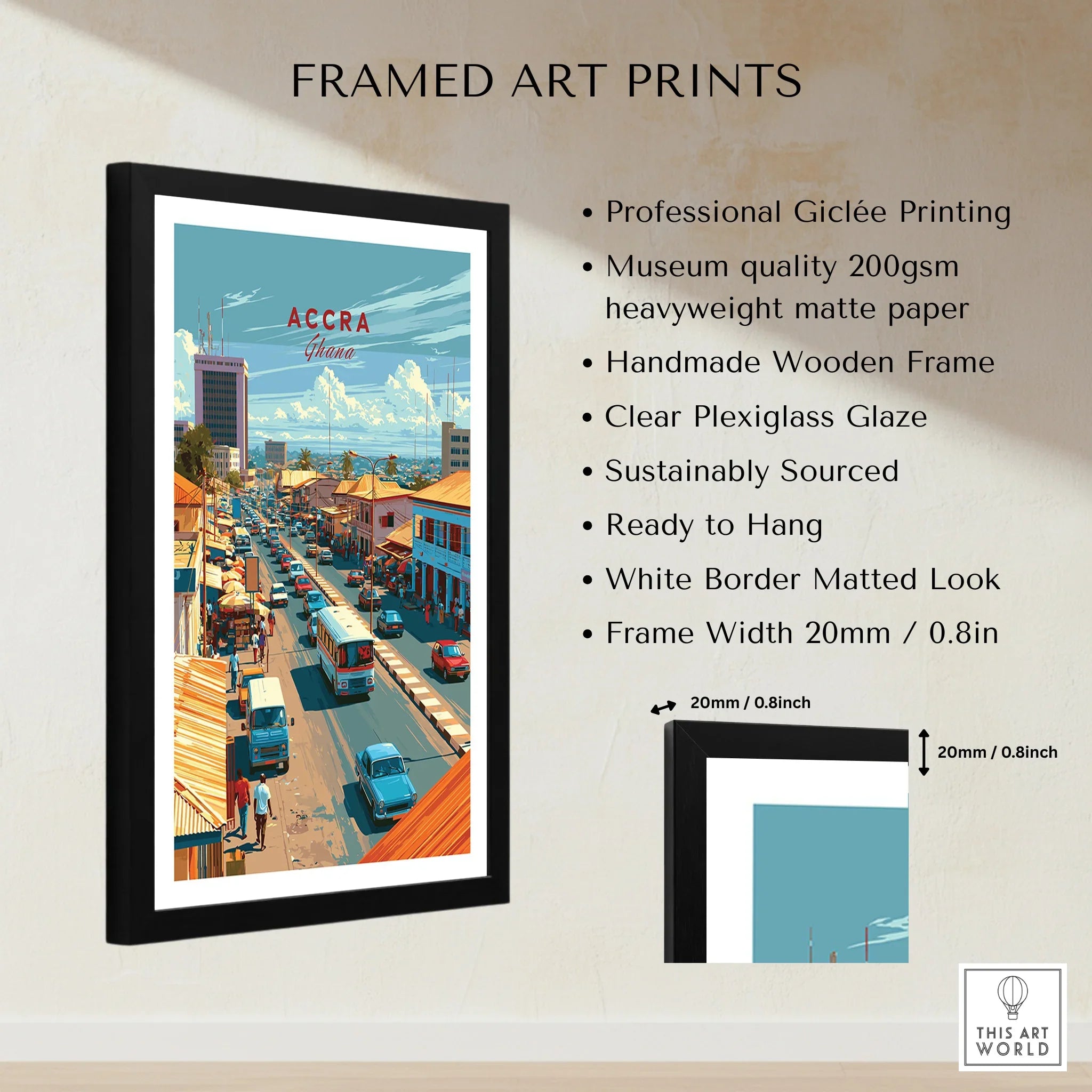 Accra Ghana Downtown Travel Poster — framed print details measurements quality details