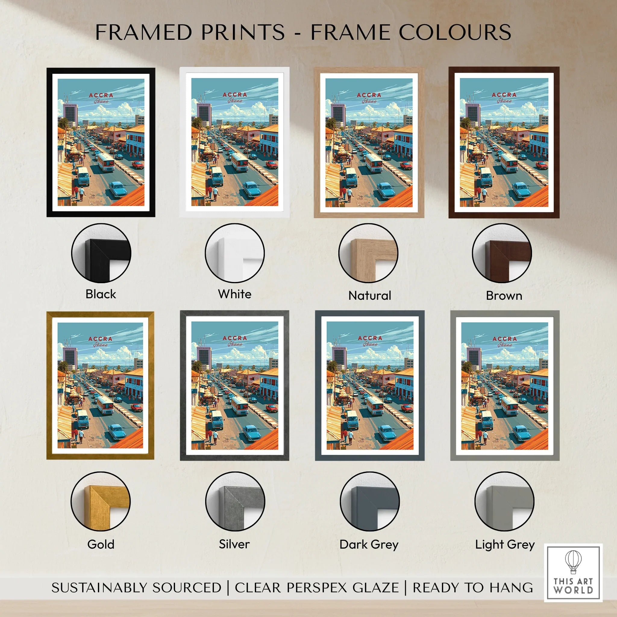 Accra Ghana Downtown Travel Poster — framed print colour options