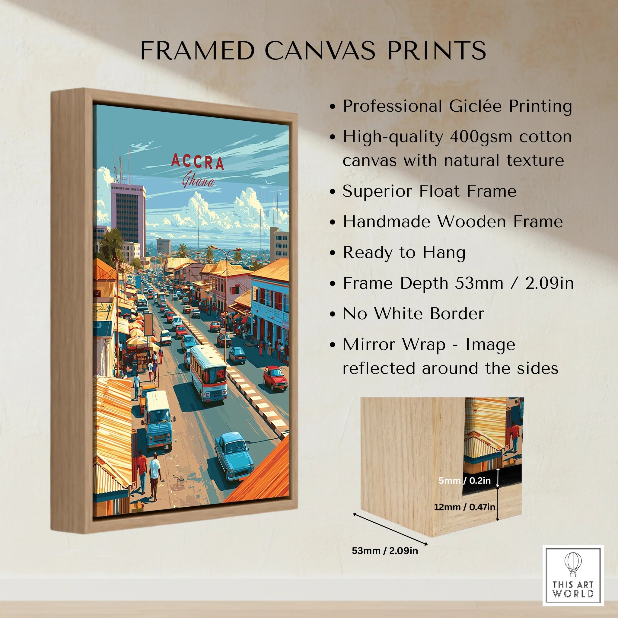 Accra Ghana Downtown Travel Poster — framed canvas float frame details quality