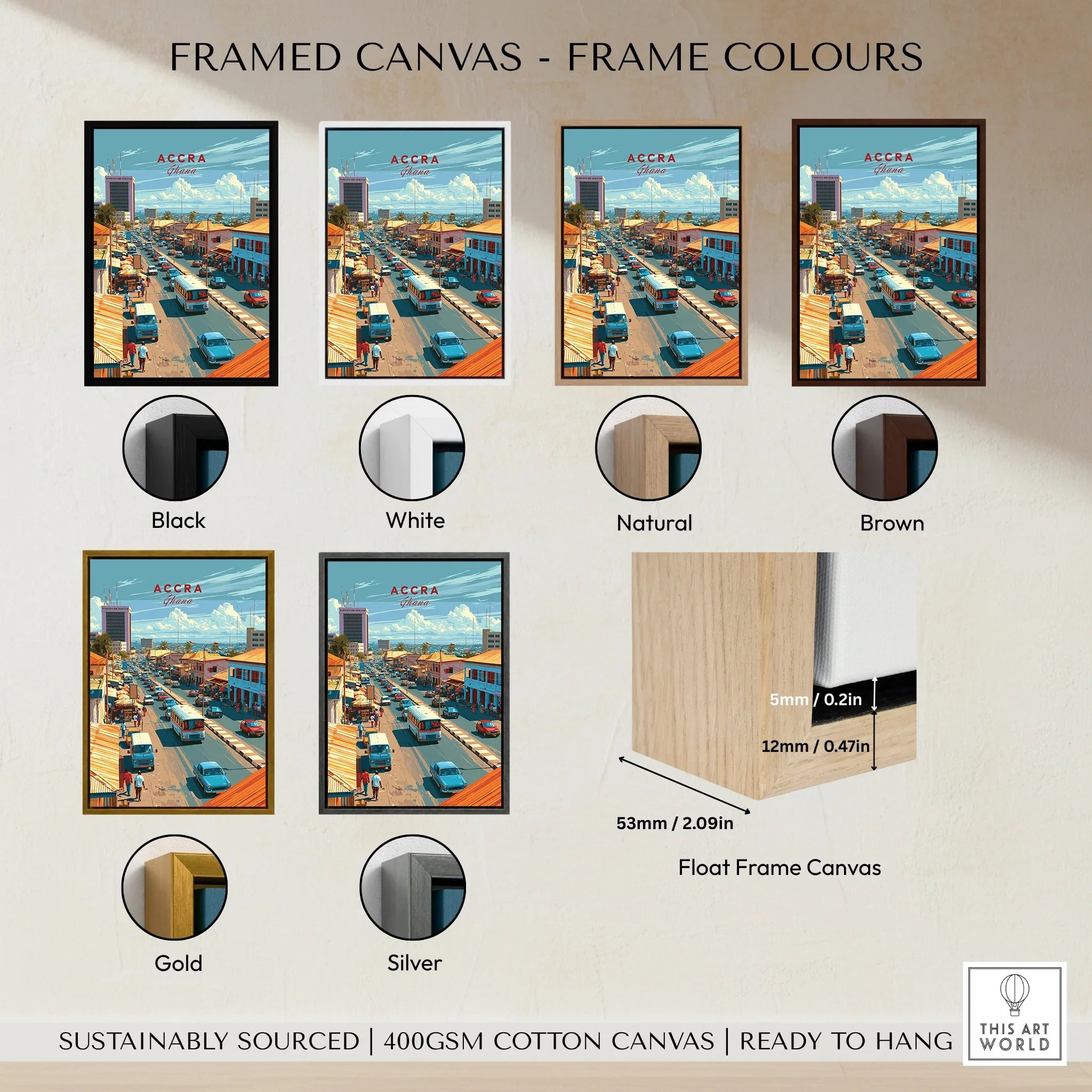 Accra Ghana Downtown Travel Poster — framed canvas float frame colour options