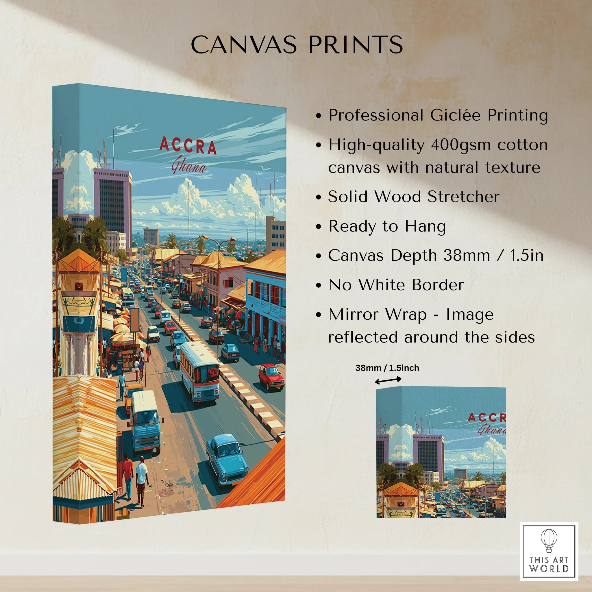 Accra Ghana Downtown Travel Poster — canvas print stretched cotton canvas details