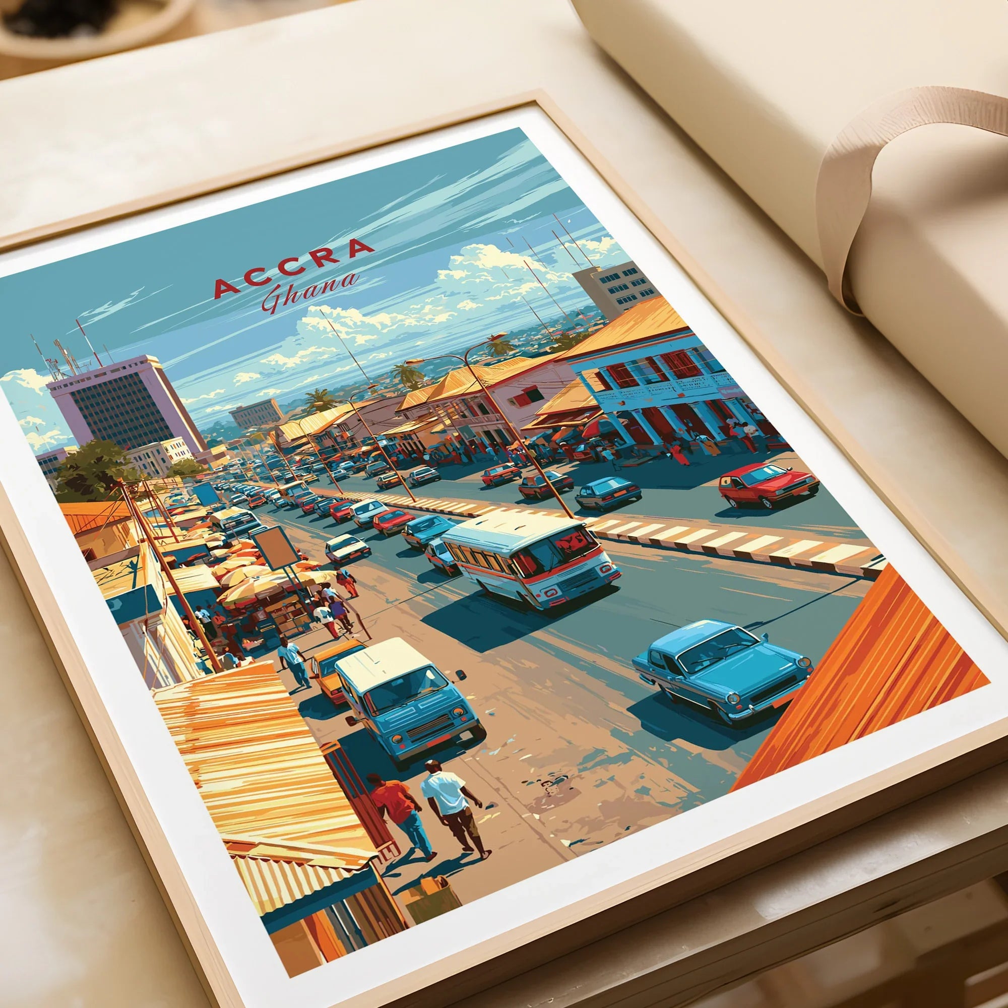 Accra Ghana Downtown Travel Poster — framed art print closeup gift unwrapped natural frame