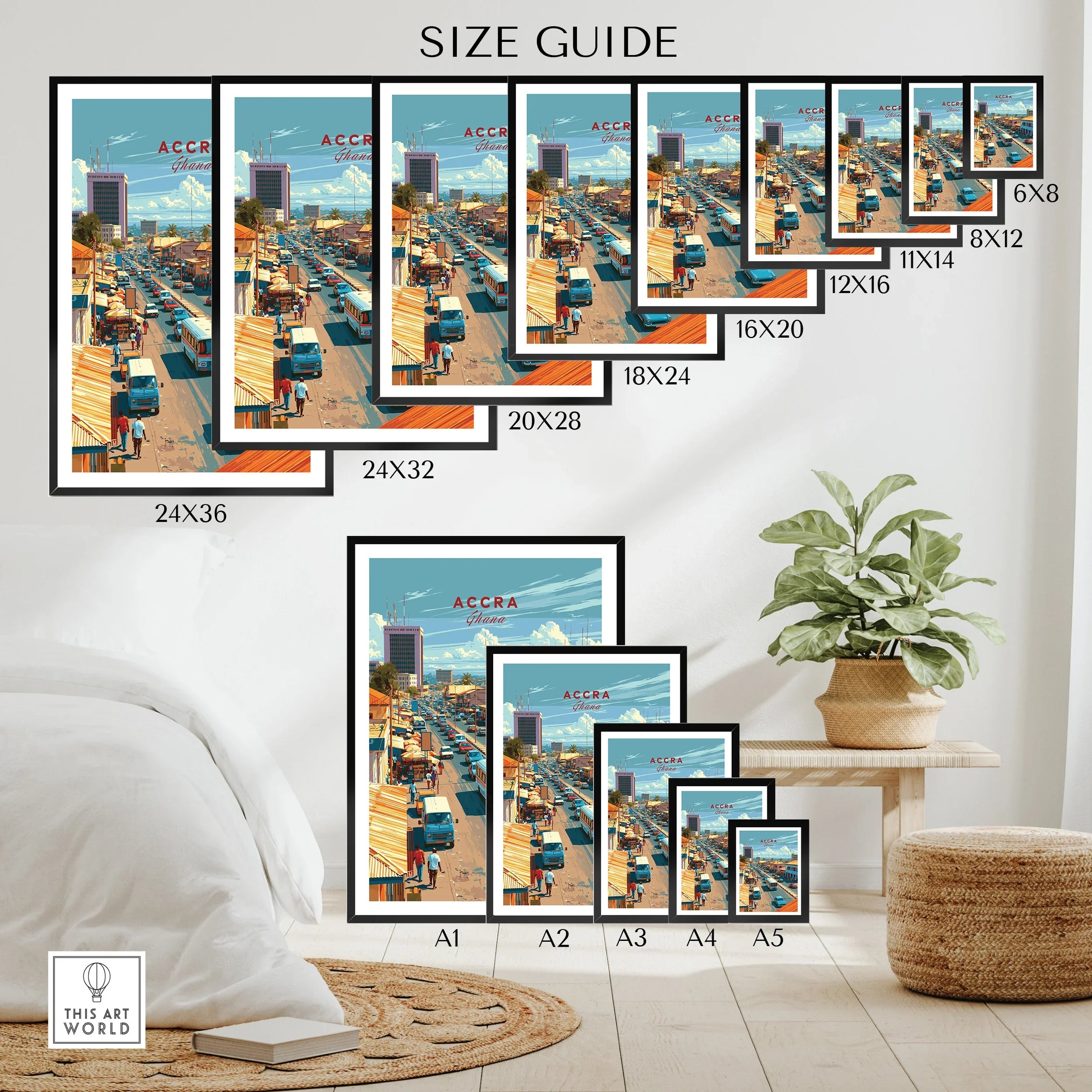 Accra Ghana Downtown Travel Poster — wall art poster size guide thisartworld