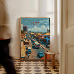 Accra Ghana Downtown Travel Poster — framed canvas on floor man walking past