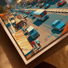 Accra Ghana Downtown Travel Poster — closeup framed canvas natural wood floating frame
