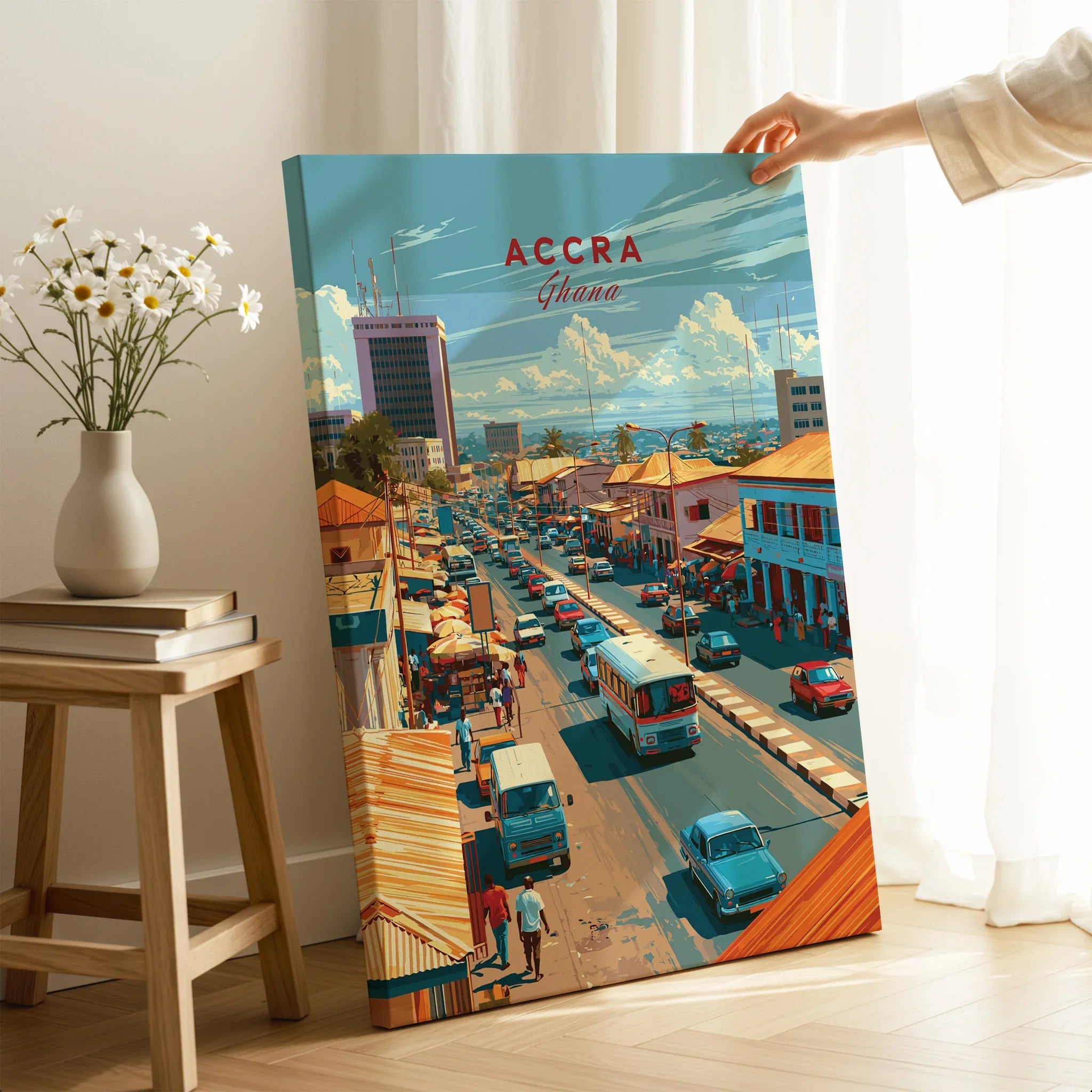 Accra Ghana Downtown Travel Poster — canvas print mirror edge hand holding room setting
