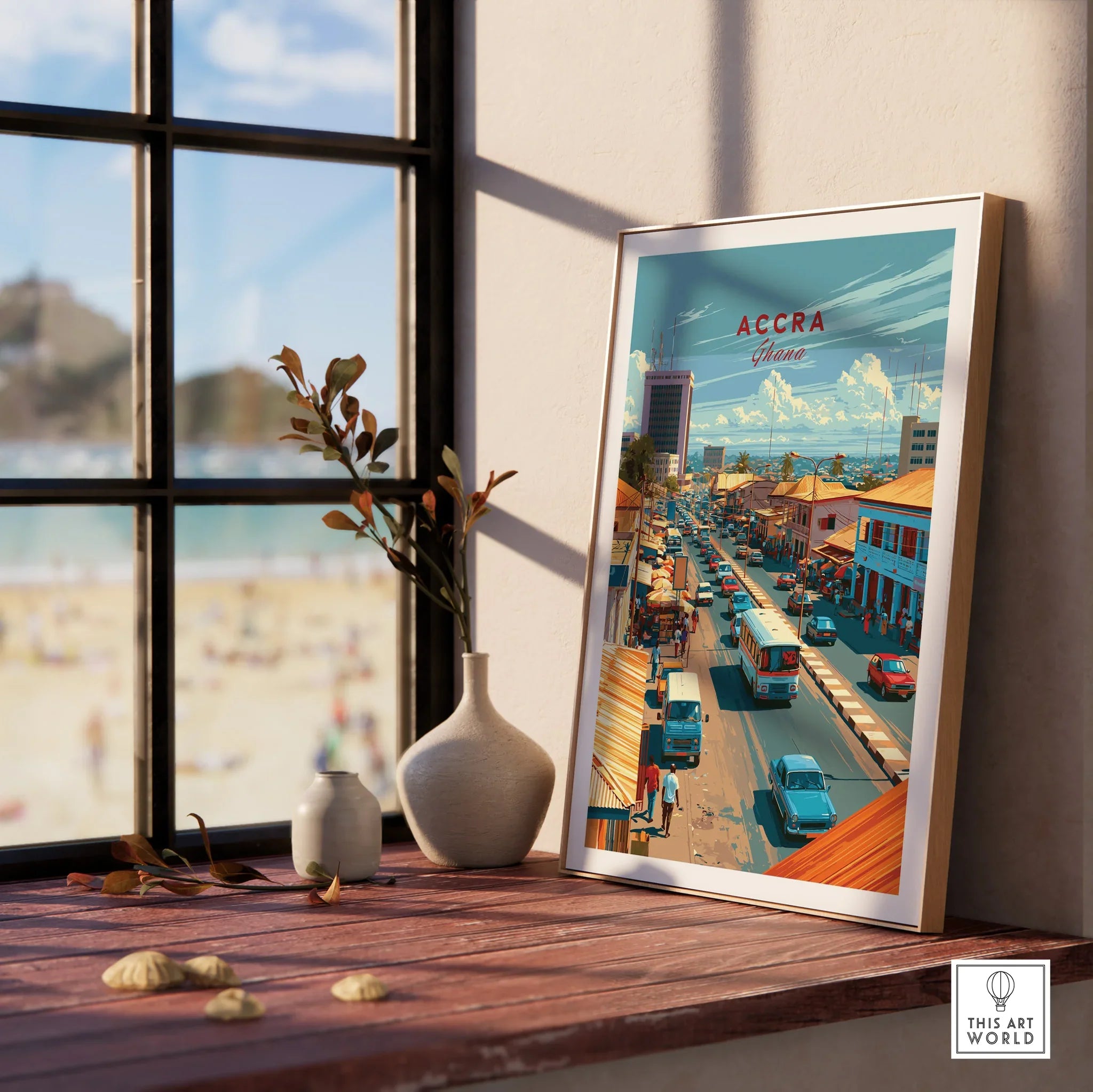 Accra Ghana Downtown Travel Poster — framed print window view natural wood frame