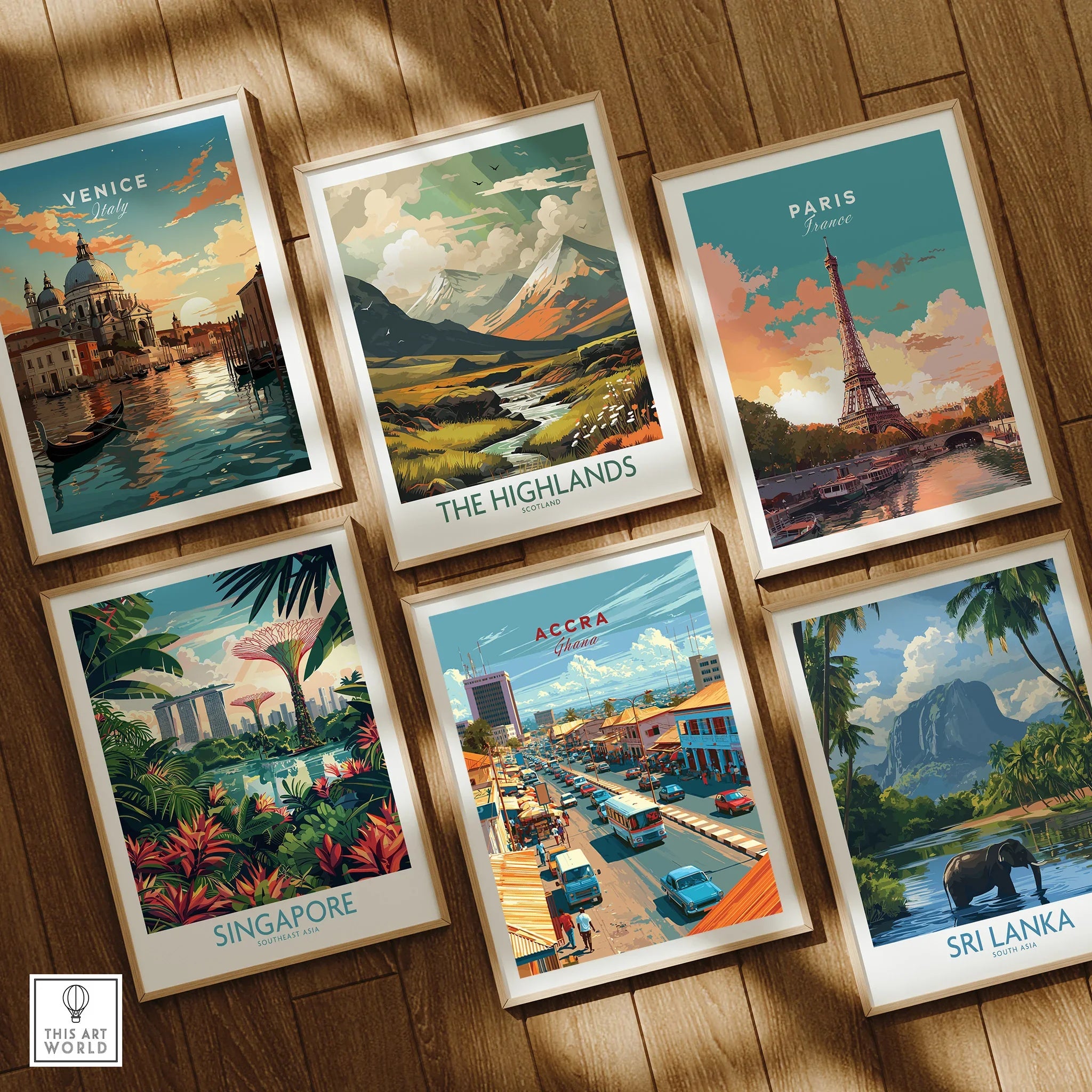 Accra Ghana Downtown Travel Poster — set six framed art prints wooden floor natural wood frames