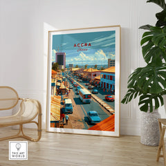 Accra Ghana Downtown Travel Poster — large framed print room setting chair plant