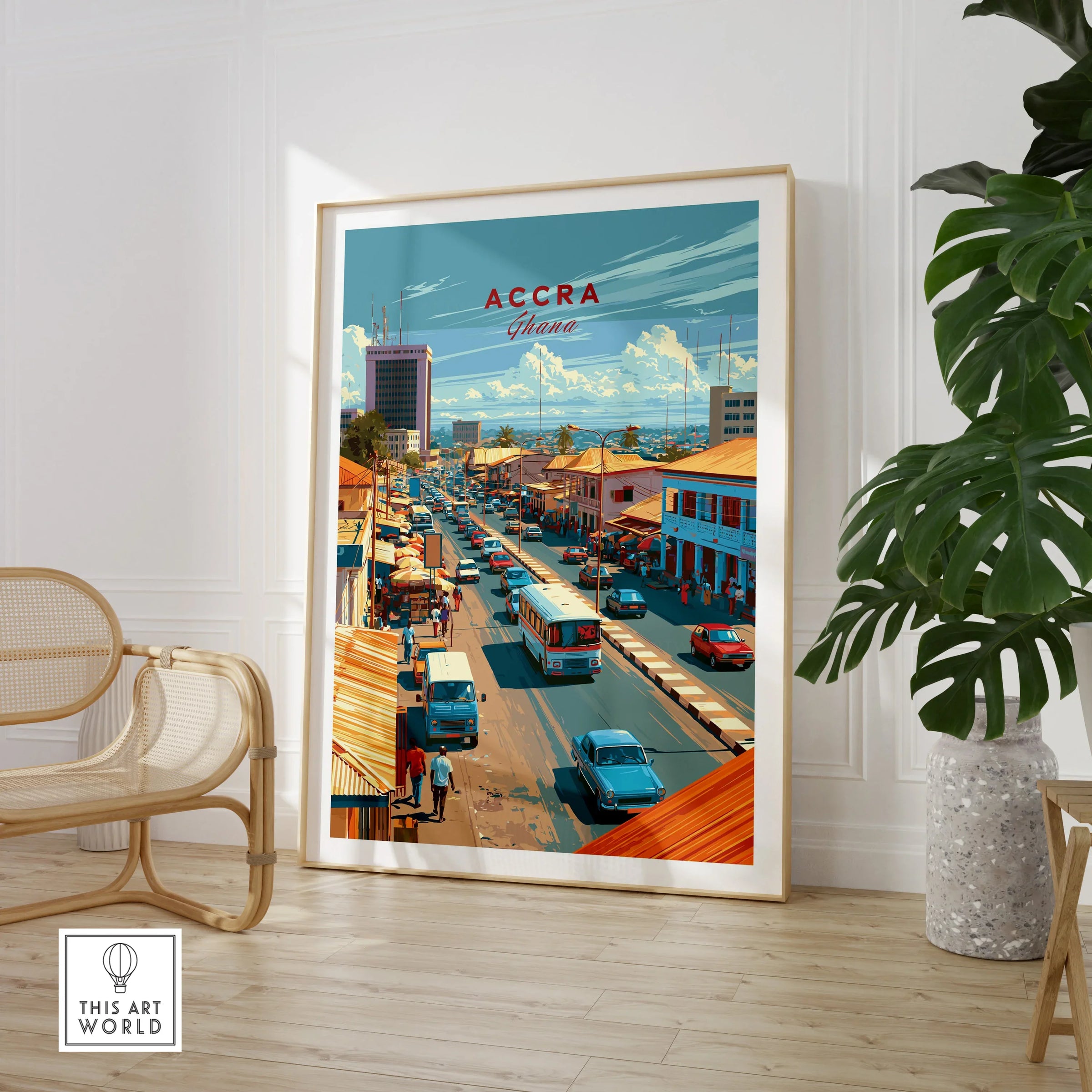 Accra Ghana Downtown Travel Poster — large framed print room setting chair plant