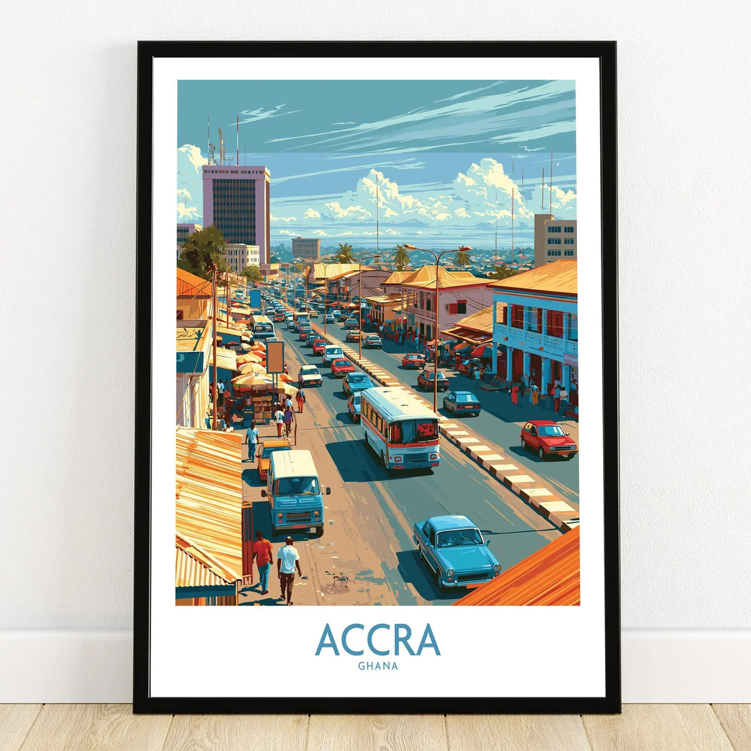 Accra Ghana High Street Wall Art — art print in black frame on wooden floor