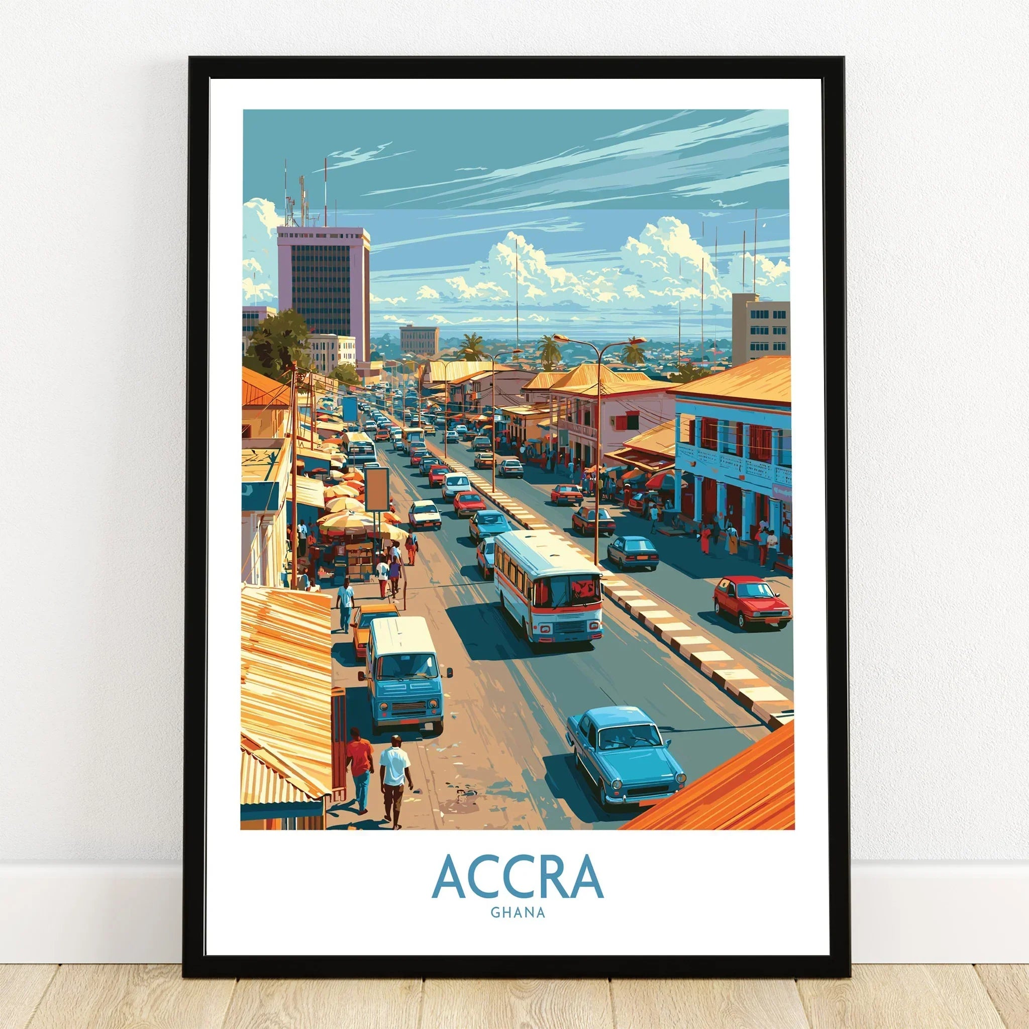 Accra Ghana High Street Wall Art — art print in black frame on wooden floor