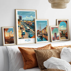 Accra Ghana High Street Wall Art — set five framed artprints above bed natural wood frames