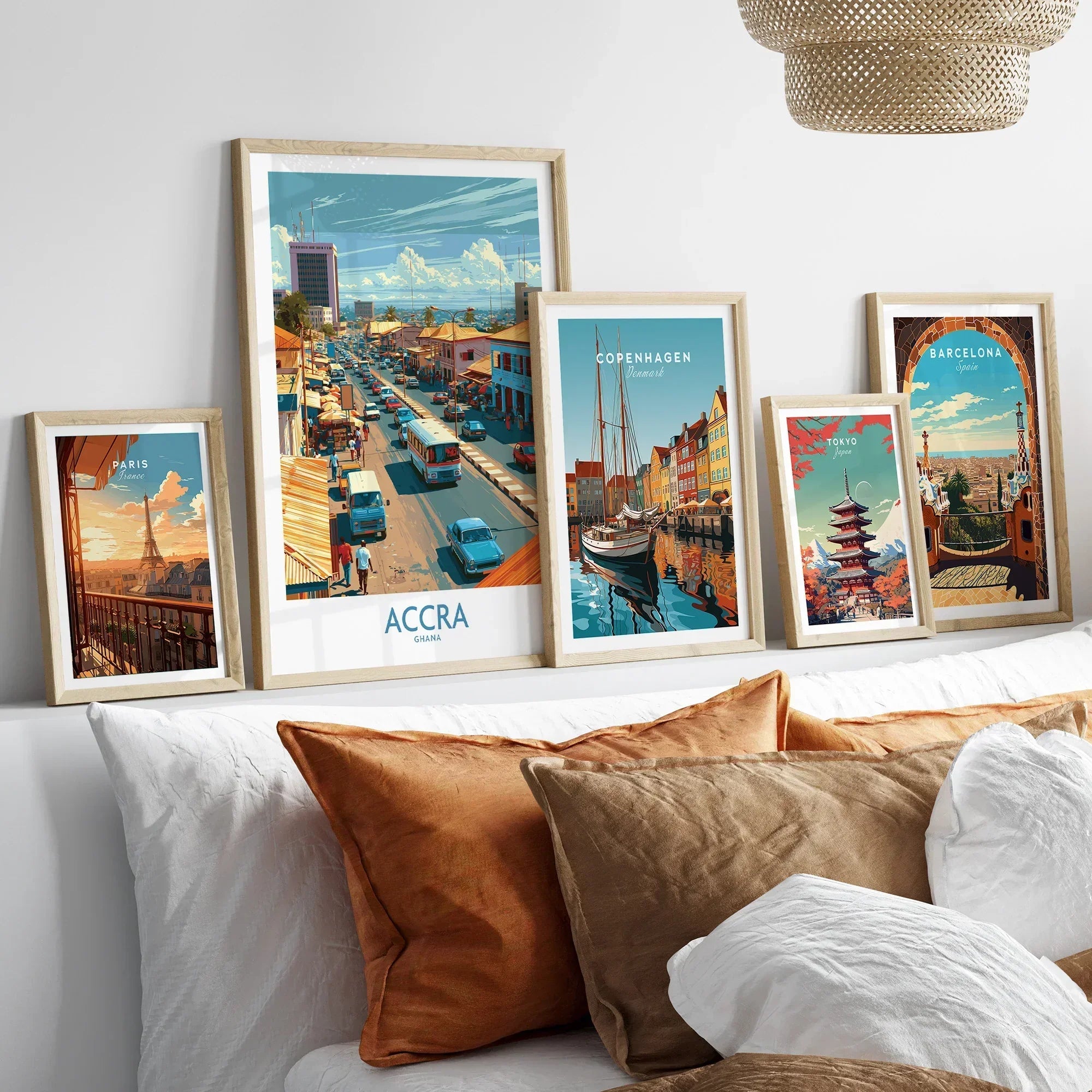 Accra Ghana High Street Wall Art — set five framed artprints above bed natural wood frames
