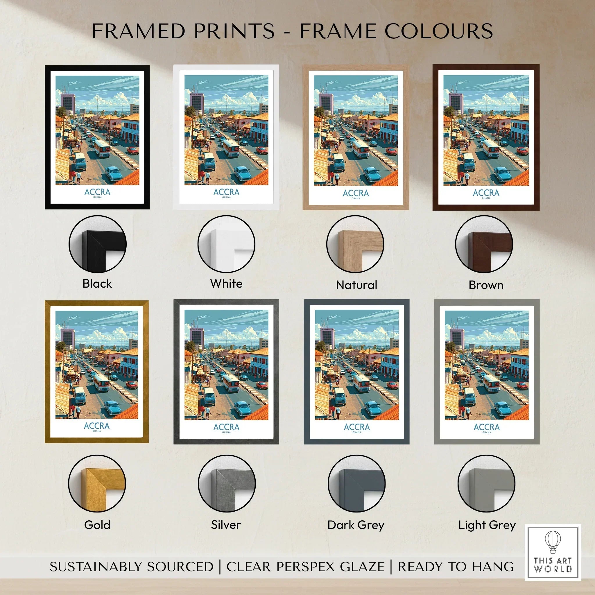 Accra Ghana High Street Wall Art — framed print colour options