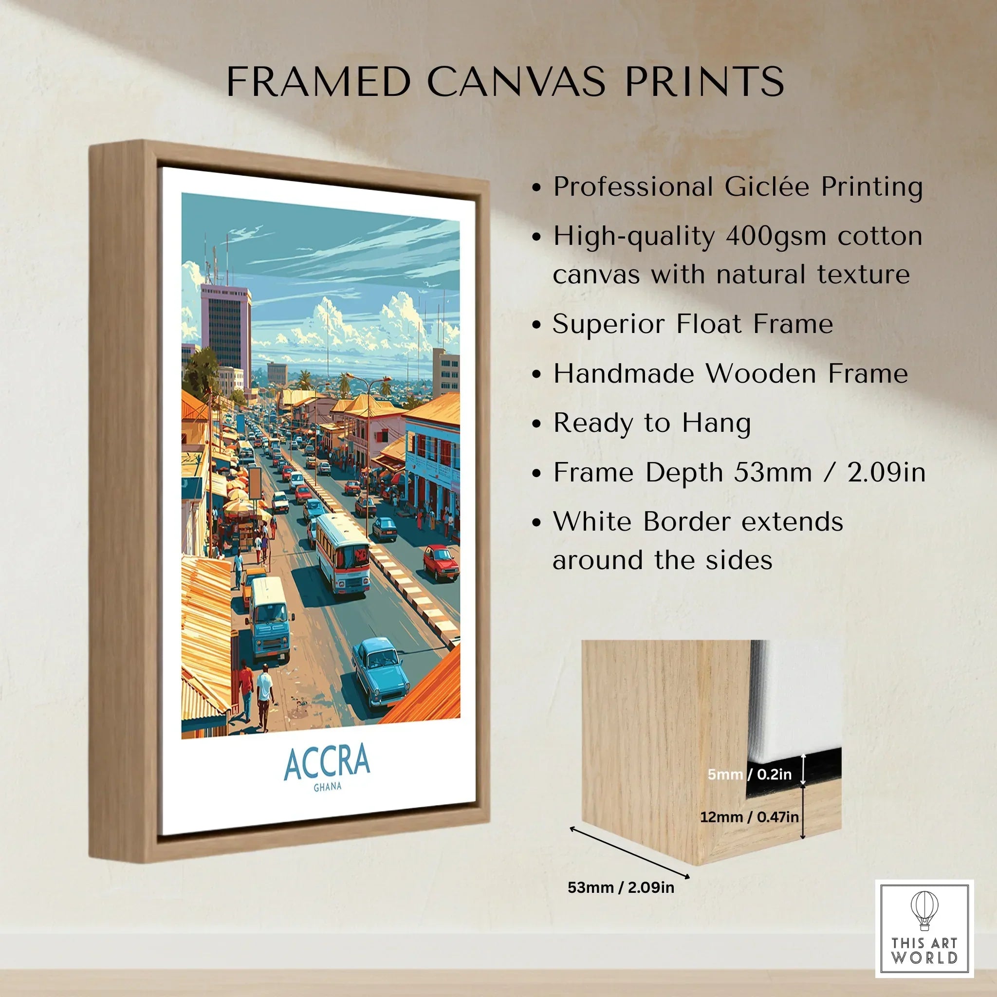 Accra Ghana High Street Wall Art — framed canvas float frame details quality