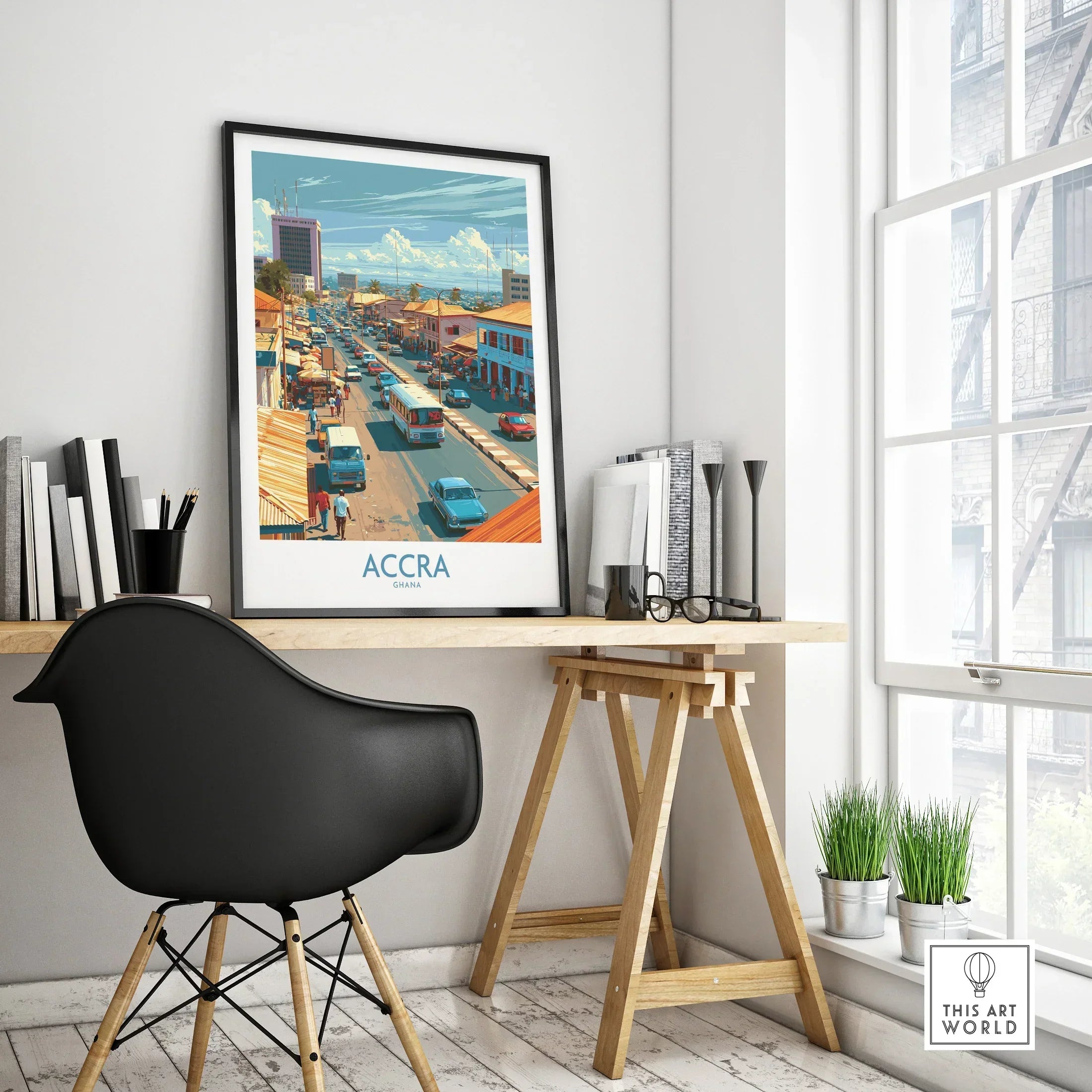 Accra Ghana High Street Wall Art — framed poster black frame on office desk modern