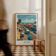 Accra Ghana High Street Wall Art — framed canvas on floor man walking past