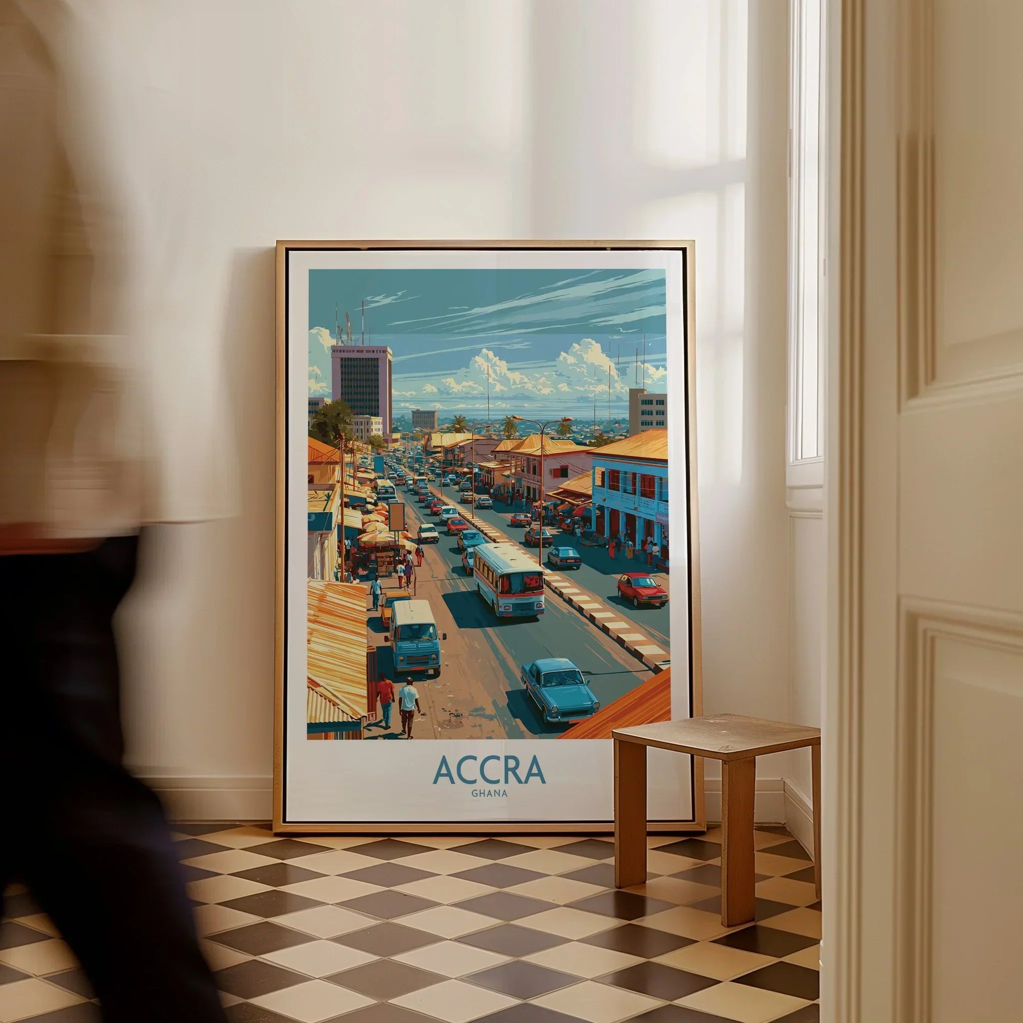 Accra Ghana High Street Wall Art — framed canvas on floor man walking past