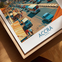 Accra Ghana High Street Wall Art — closeup framed canvas natural wood floating frame