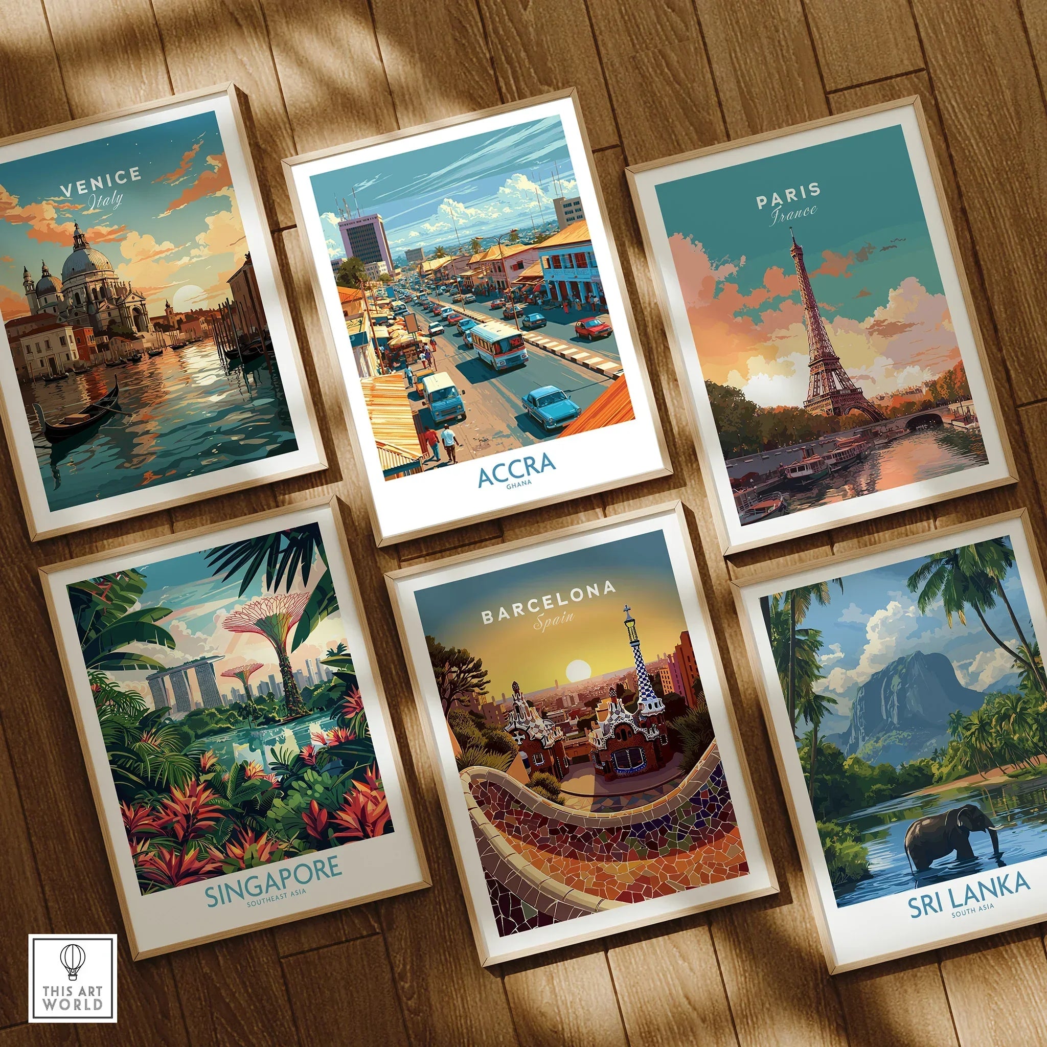 Accra Ghana High Street Wall Art — set six framed art prints wooden floor natural wood frames