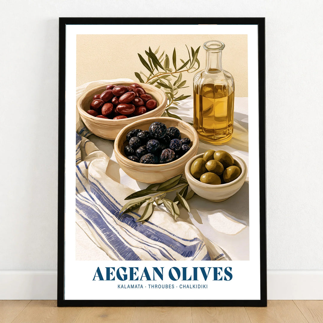Aegean Olives Greek Kitchen Wall Art - art print in black frame on wooden floor